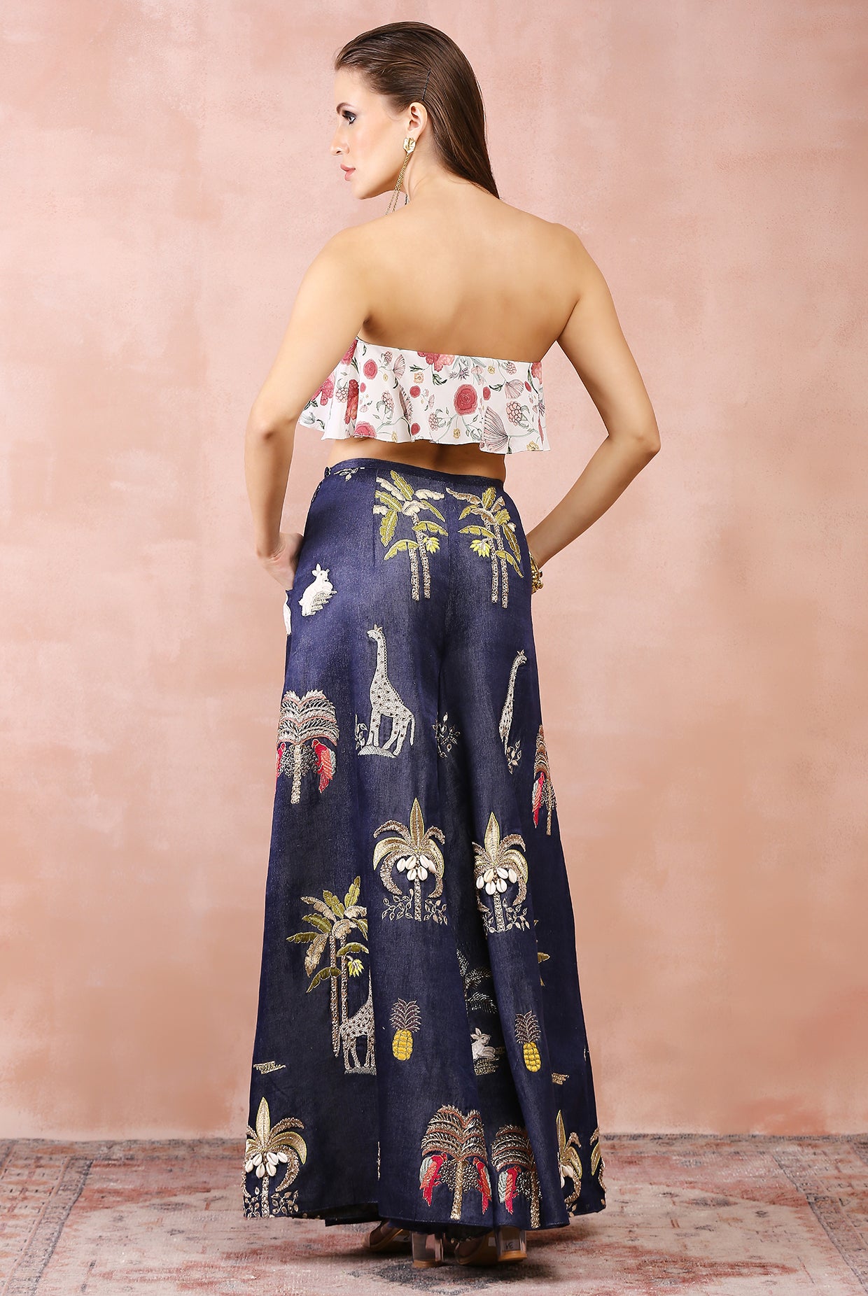 OFF WHITE RUFFLE BUSTIER WITH DENIM EMBROIDERED WIDE LEG PANTS