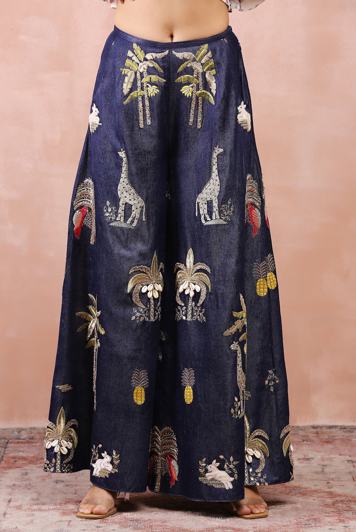 OFF WHITE RUFFLE BUSTIER WITH DENIM EMBROIDERED WIDE LEG PANTS