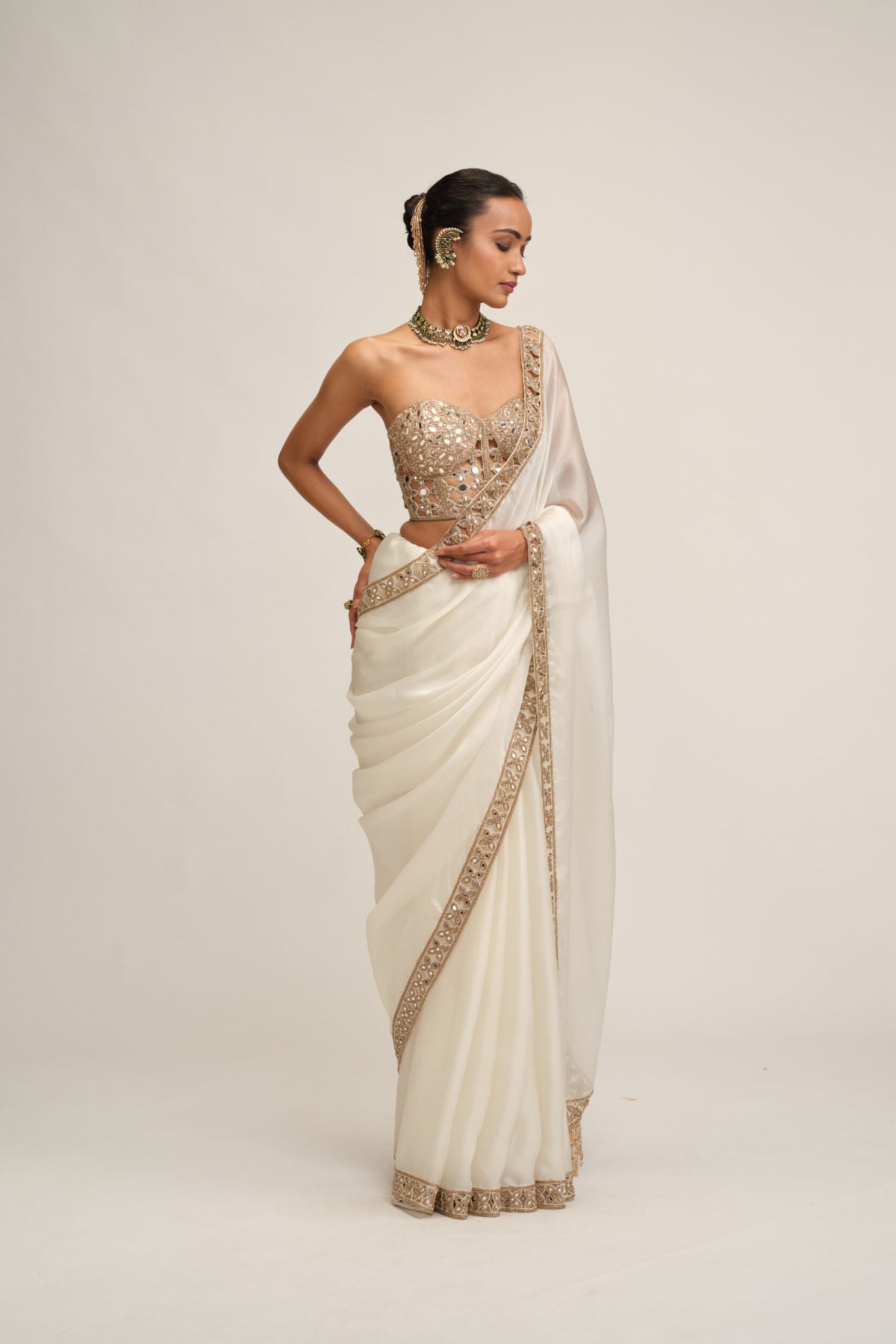 Off White Satin Organza Cutwork Border Saree Set