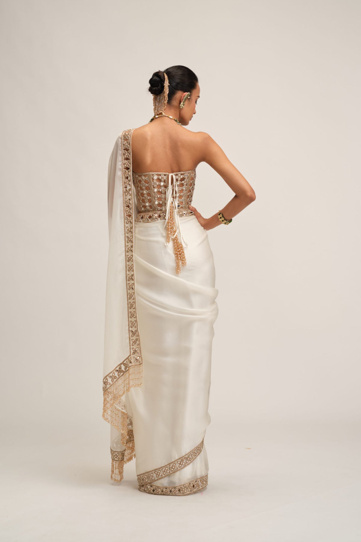 Off White Satin Organza Cutwork Border Saree Set