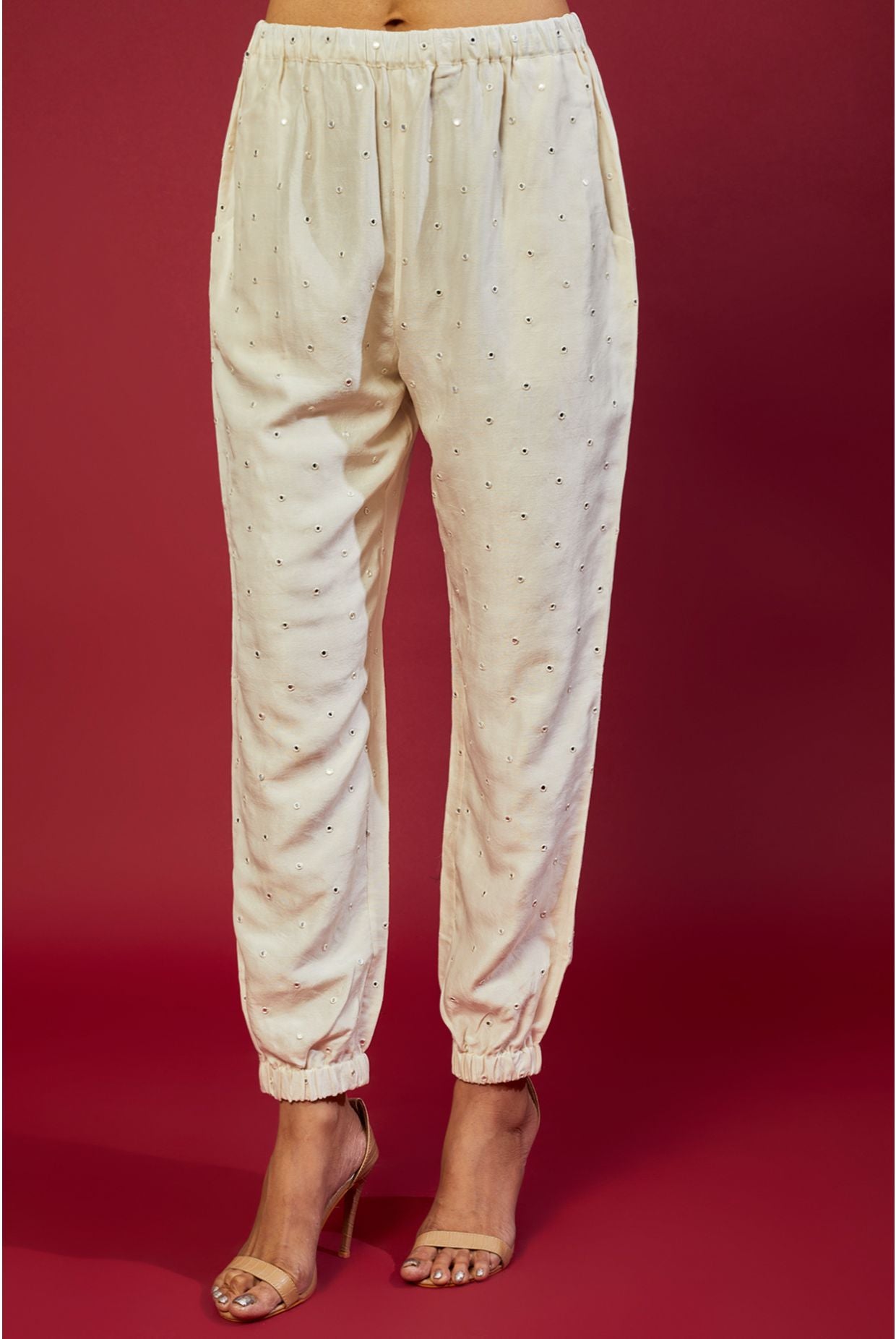 OFFWHITE GEORGETTE EMBROIDERED BLAZER WITH ABLA SILK BUSTIER AND JOGGER PANT