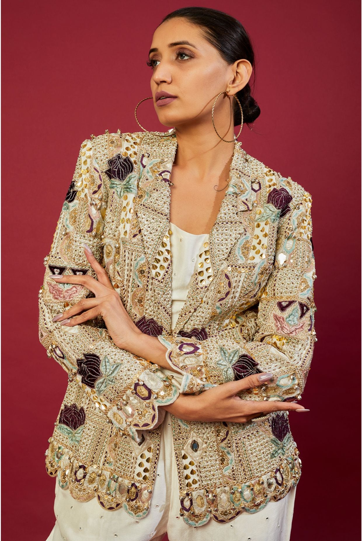 OFFWHITE GEORGETTE EMBROIDERED BLAZER WITH ABLA SILK BUSTIER AND JOGGER PANT