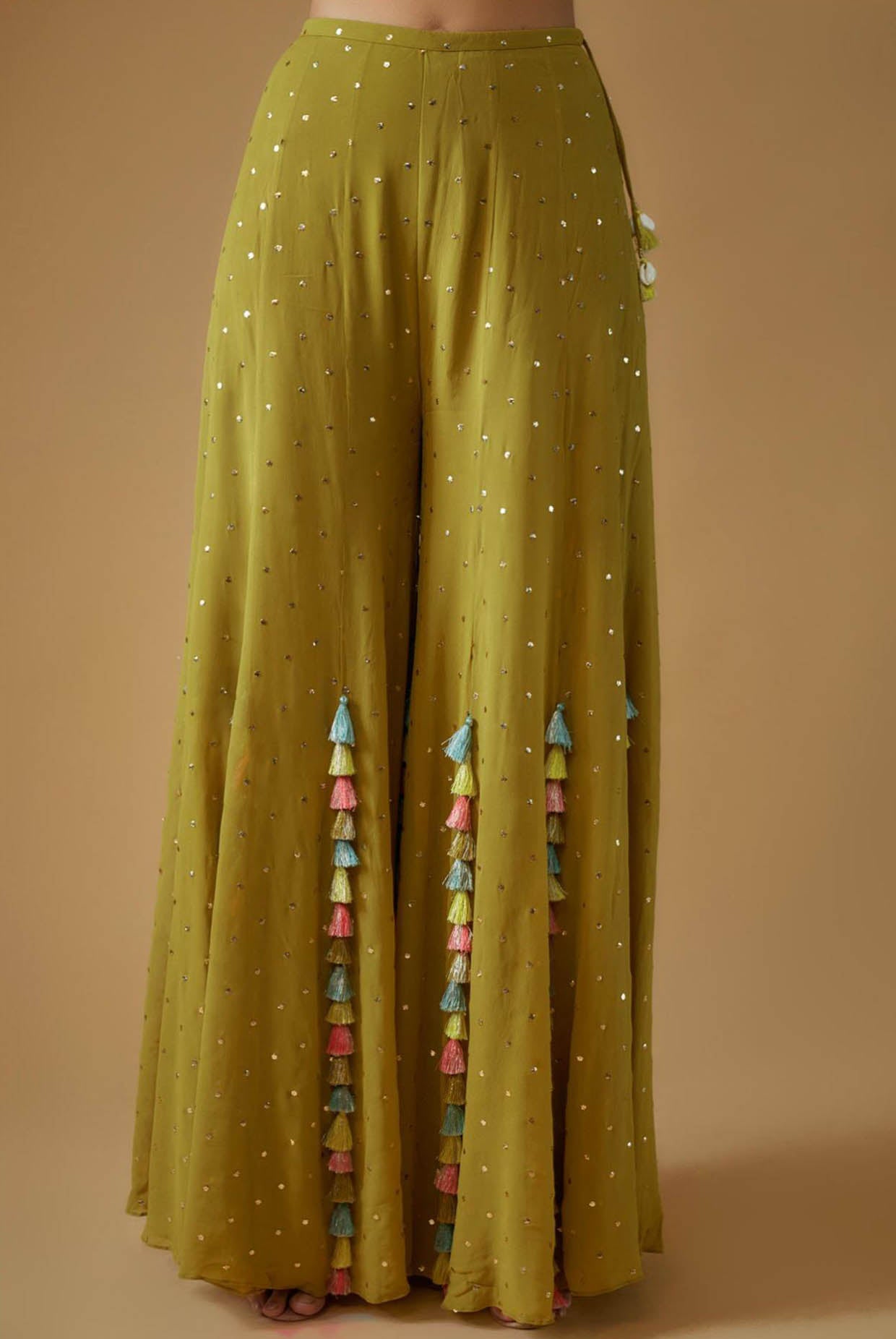 Olive Green Embroidered Back Tie-Up Choli With Sharara