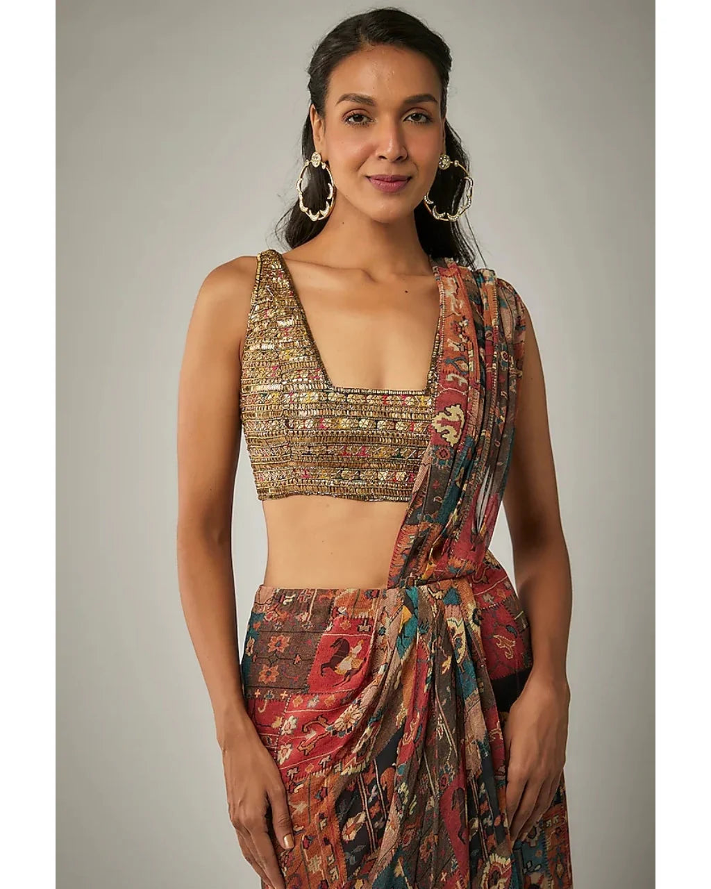 Multicolor Printed Mughal Rhapsody Pre Draped Sari Set