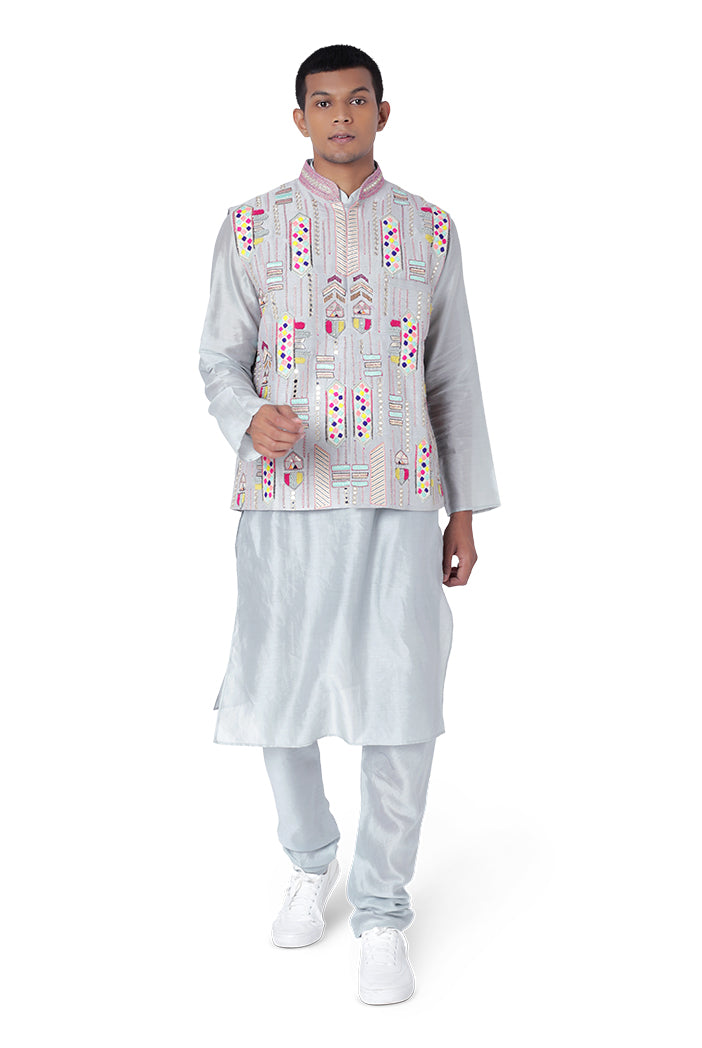 PALE BLUE COLOUR DUPION SILK BANDI WITH SILKMUL KURTA AND CHURIDAR