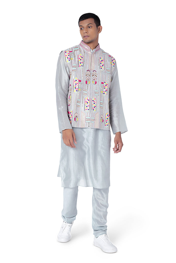 PALE BLUE COLOUR DUPION SILK BANDI WITH SILKMUL KURTA AND CHURIDAR