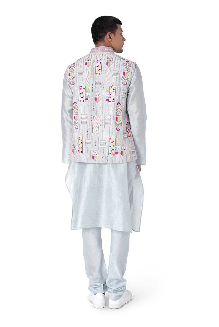 PALE BLUE COLOUR DUPION SILK BANDI WITH SILKMUL KURTA AND CHURIDAR