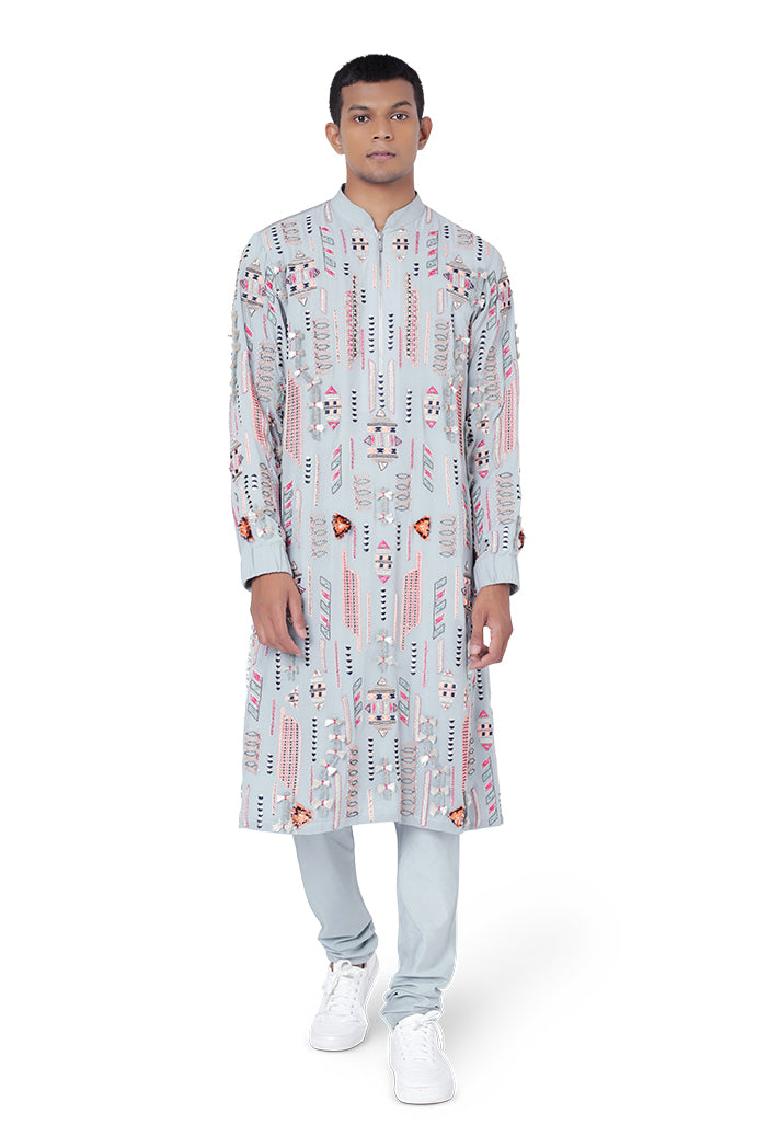 PALE BLUE COLOUR GEORGETTE AND CHANDERI STRIPE KURTA WITH COTTON SILK CHURIDAR