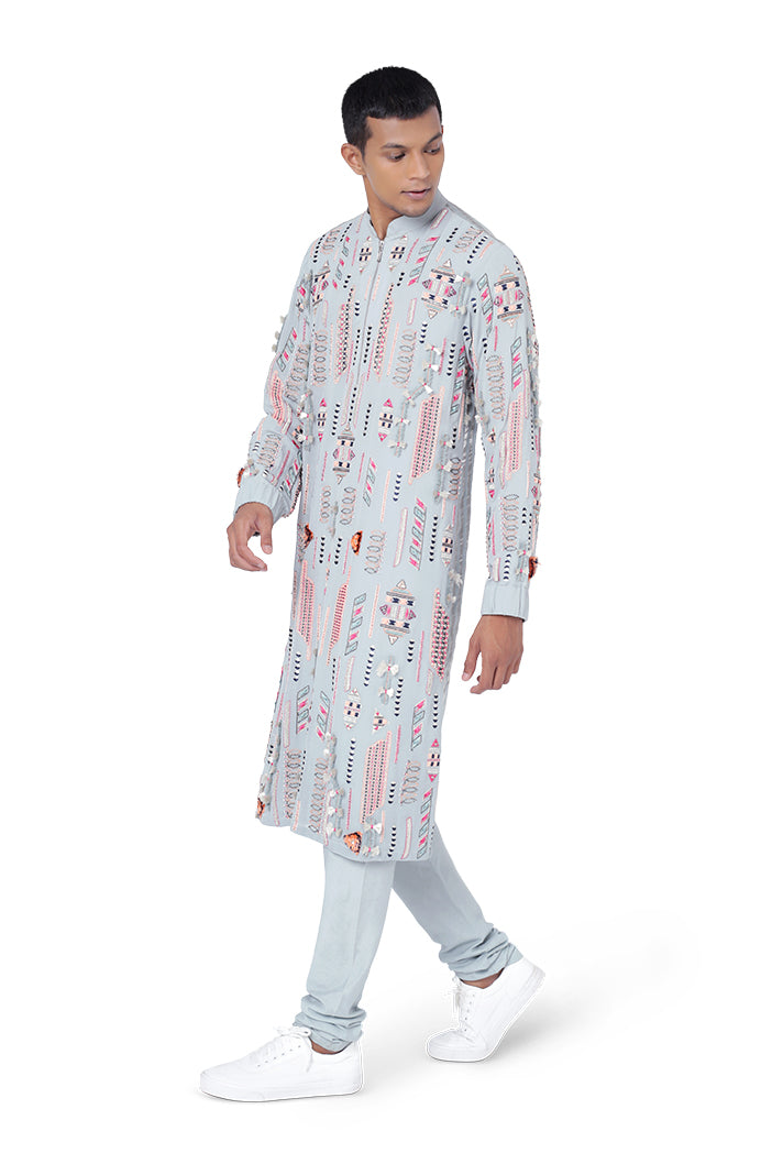 PALE BLUE COLOUR GEORGETTE AND CHANDERI STRIPE KURTA WITH COTTON SILK CHURIDAR