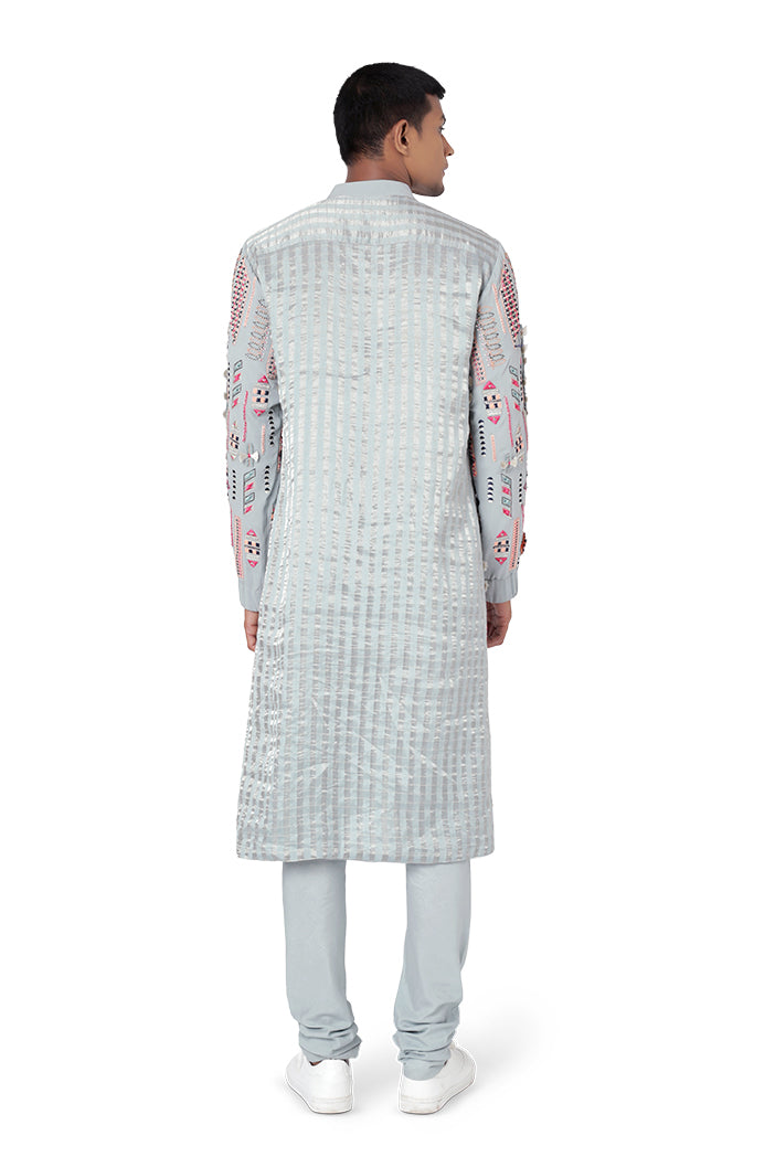 PALE BLUE COLOUR GEORGETTE AND CHANDERI STRIPE KURTA WITH COTTON SILK CHURIDAR