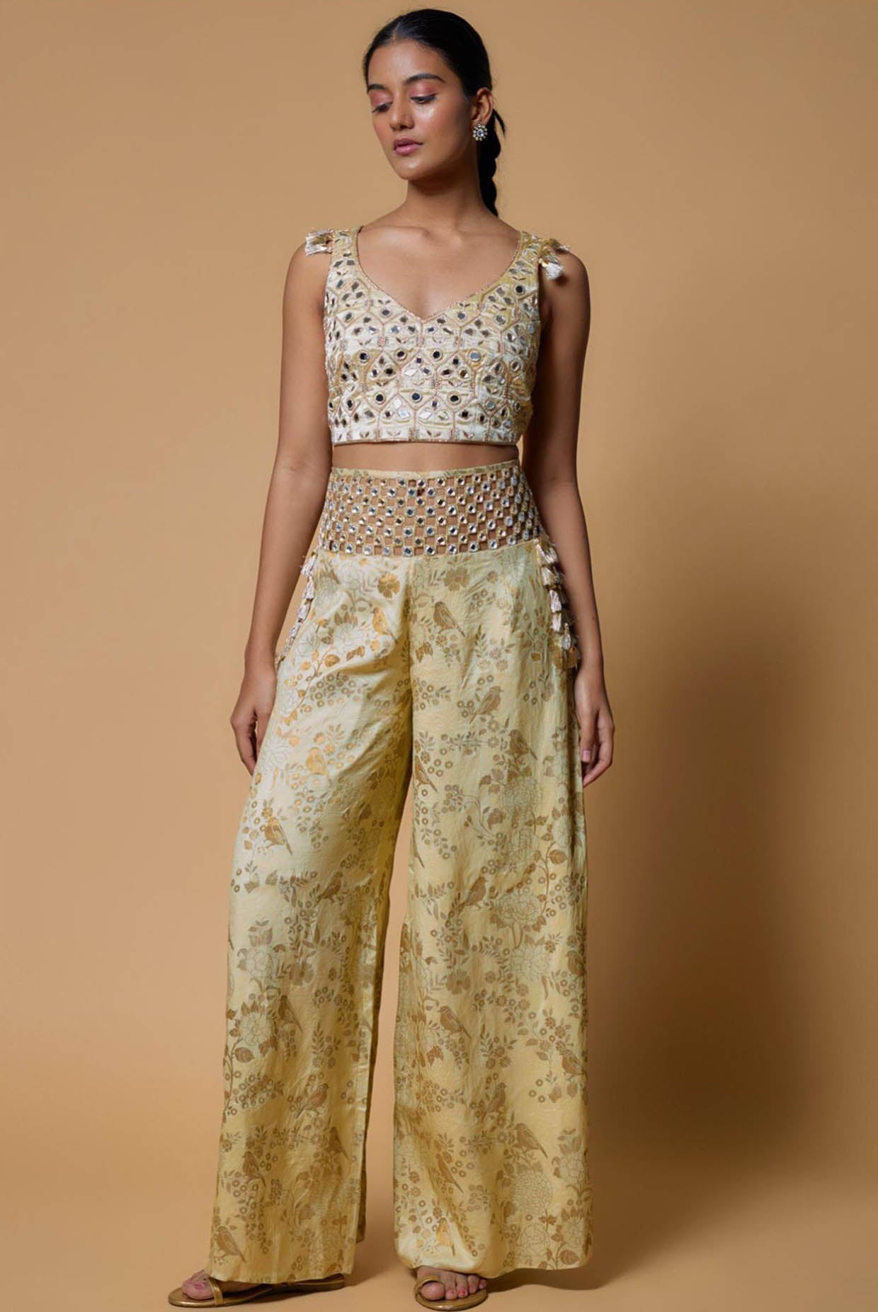 Pale Yellow Embroidered Choli With Palazzo