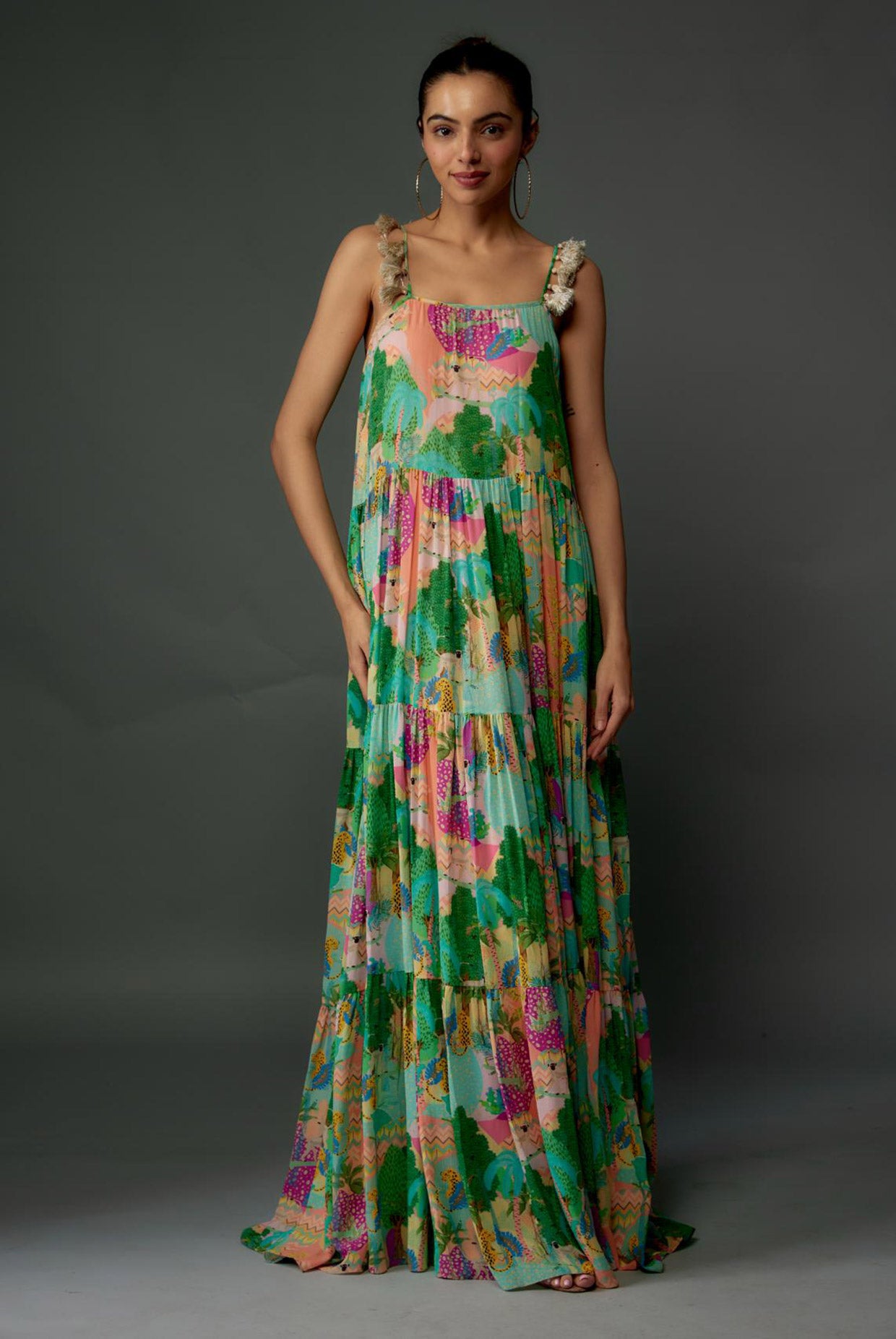 Peach Kuno Print Georgette Long Trapese Dress