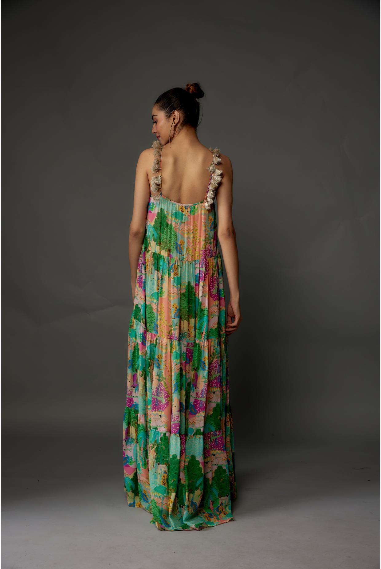 Peach Kuno Print Georgette Long Trapese Dress