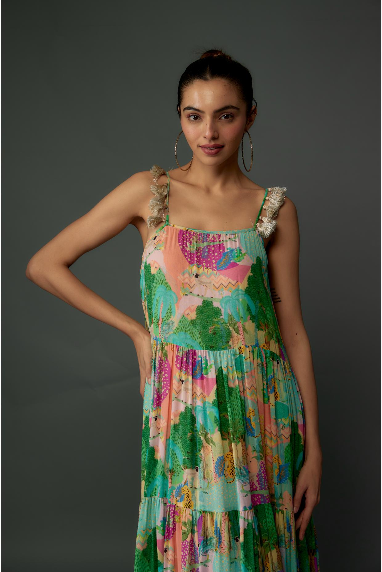 Peach Kuno Print Georgette Long Trapese Dress