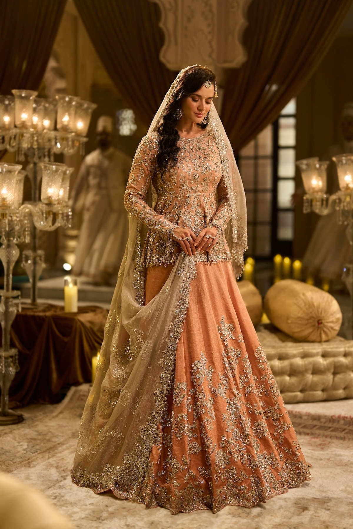 Peach peplum Tissue Lehenga Set