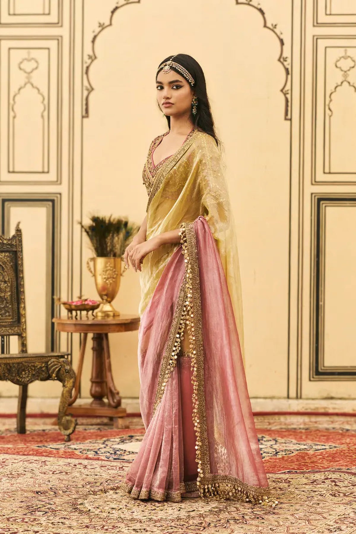 Peela-Gulabi Tissue Zardosi Saree Set