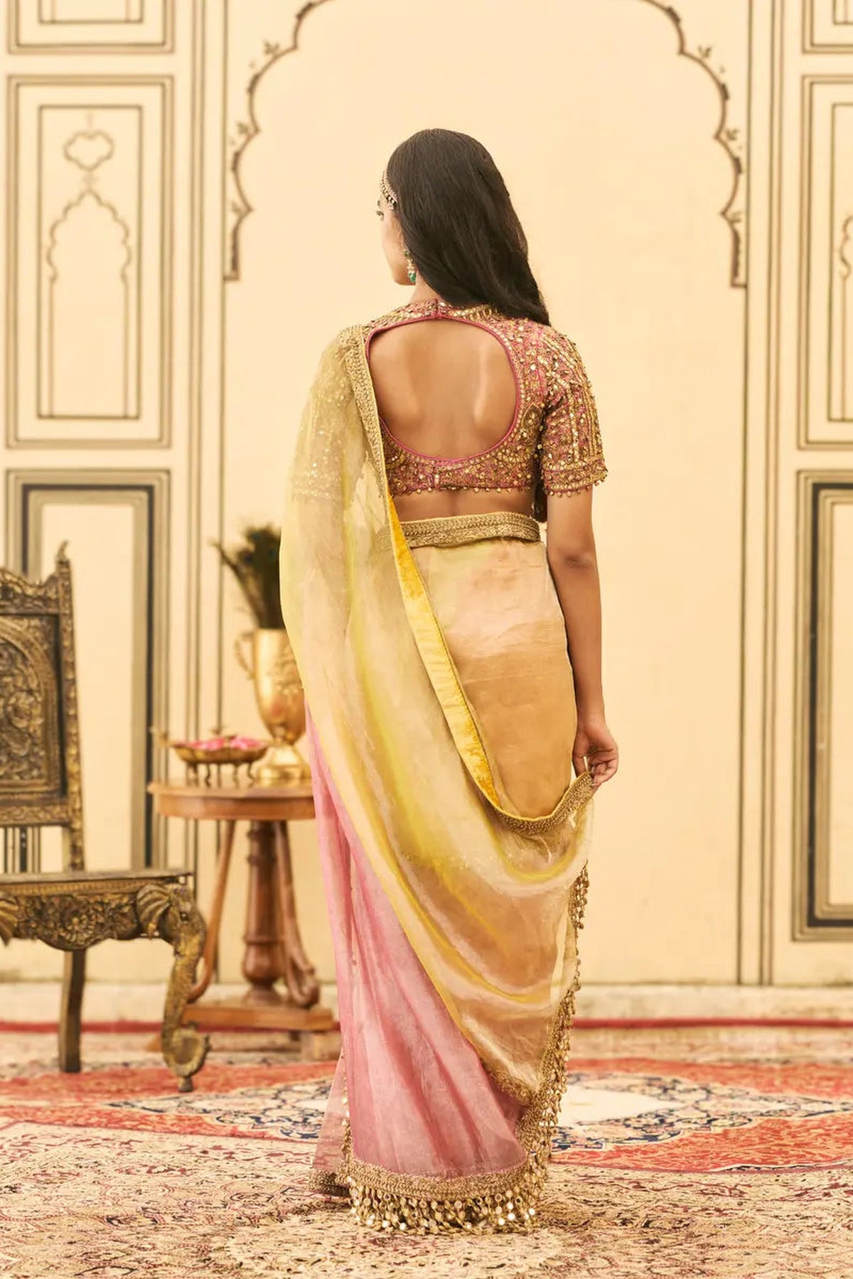 Peela-Gulabi Tissue Zardosi Saree Set