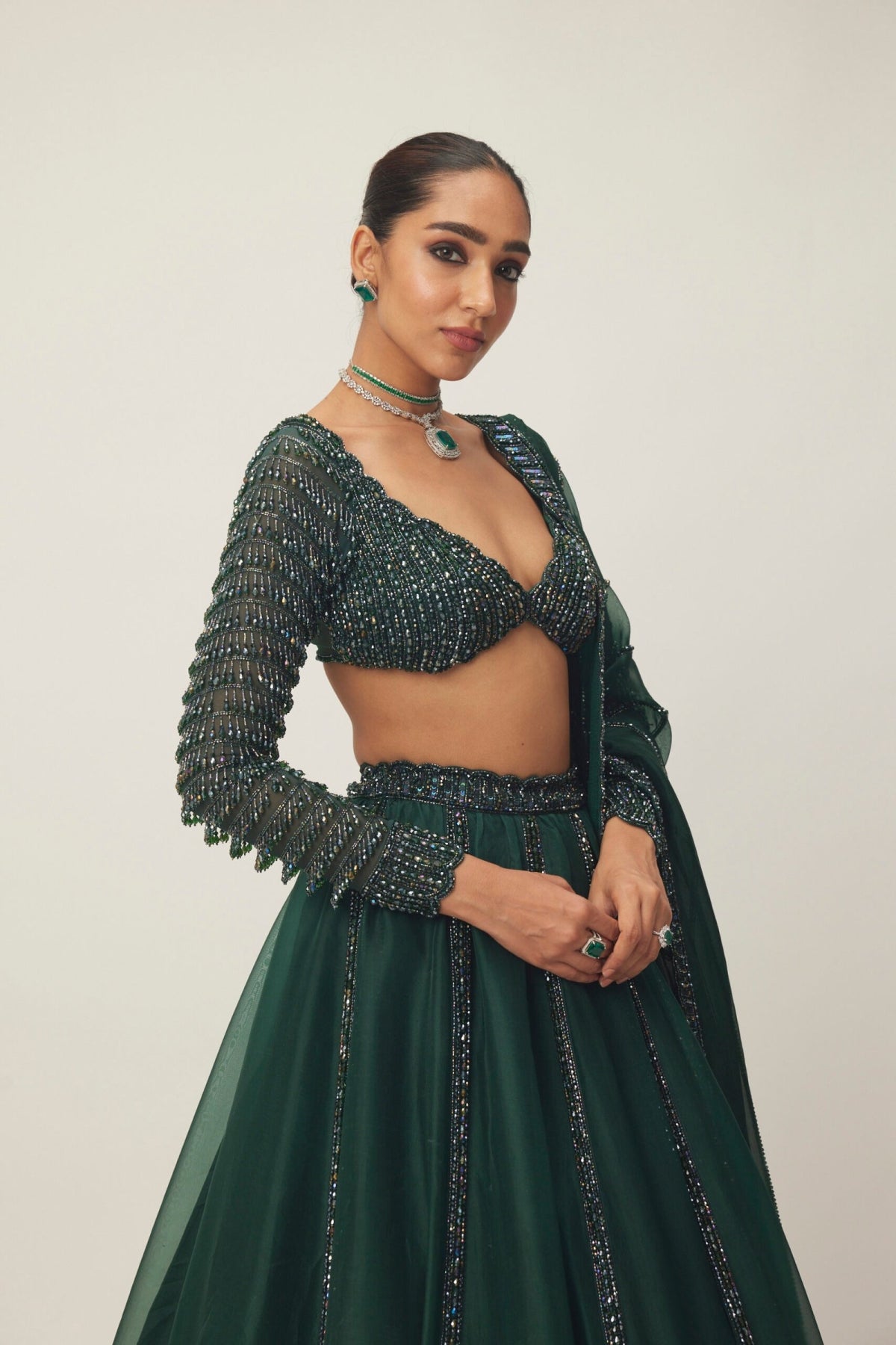 Dark Jade Green Organza Lehenga Set- Ready to ship