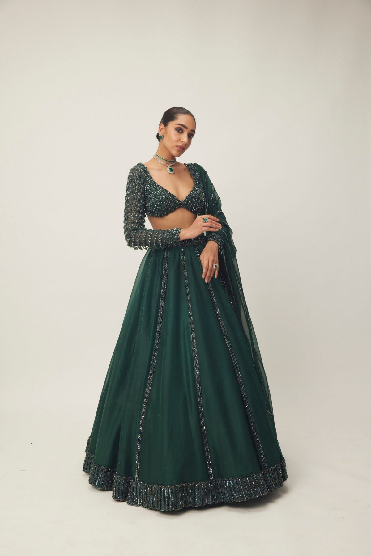 Dark Jade Green Organza Lehenga Set- Ready to ship