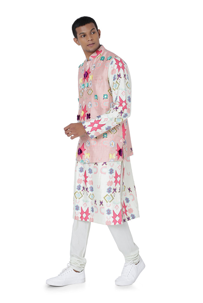 PINK COLOUR PRINTED DUPION SILK BANDI WITH WHITE COLOUR PRINTED SILKMUL KURTA AND OFF WHITE COLOUR COTTON SILK CHURIDAR
