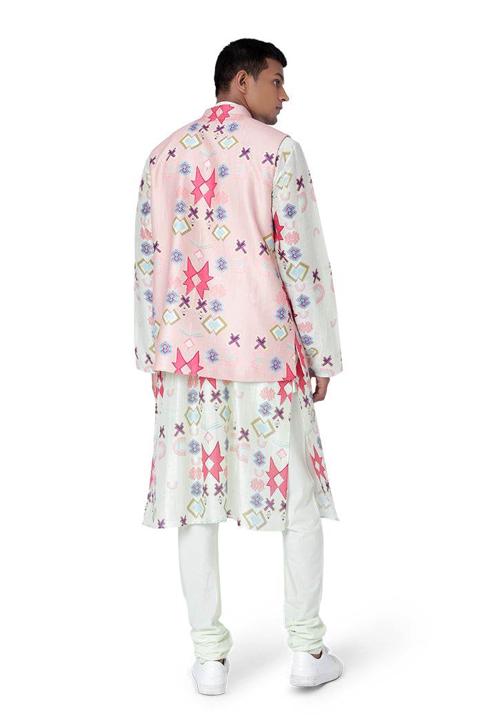 PINK COLOUR PRINTED DUPION SILK BANDI WITH WHITE COLOUR PRINTED SILKMUL KURTA AND OFF WHITE COLOUR COTTON SILK CHURIDAR