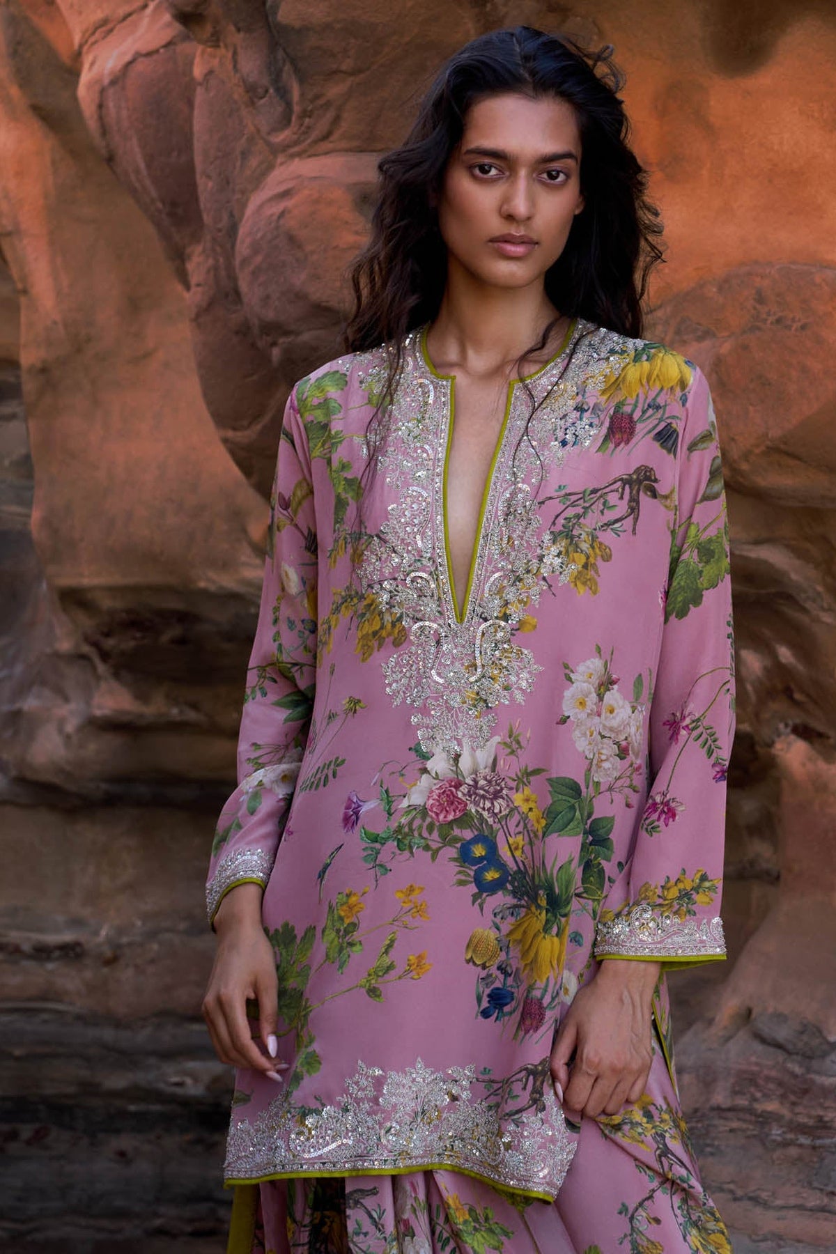 Pink Crystal Printed High Low Kurta Skirt Set