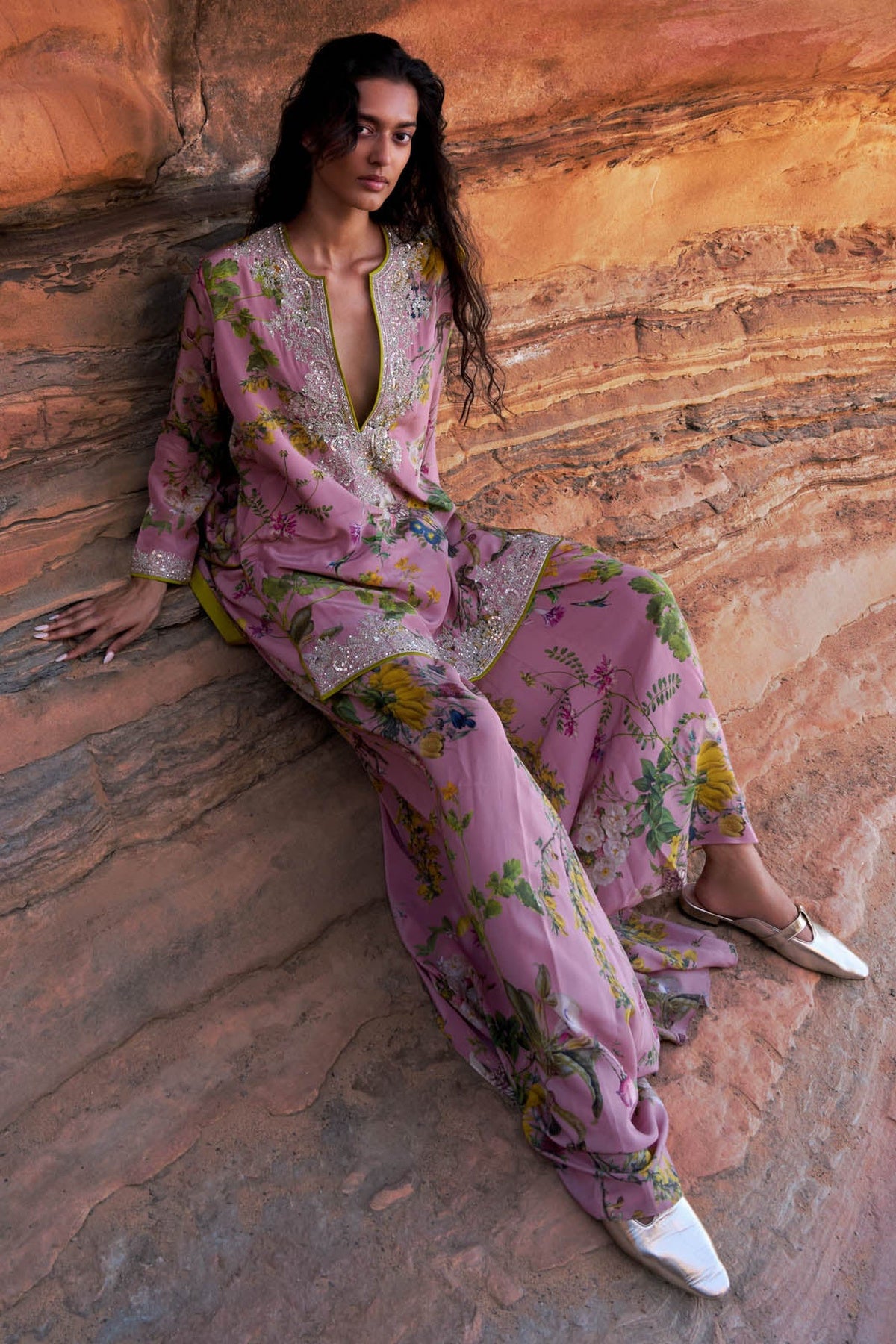 Pink Crystal Printed High Low Kurta Skirt Set
