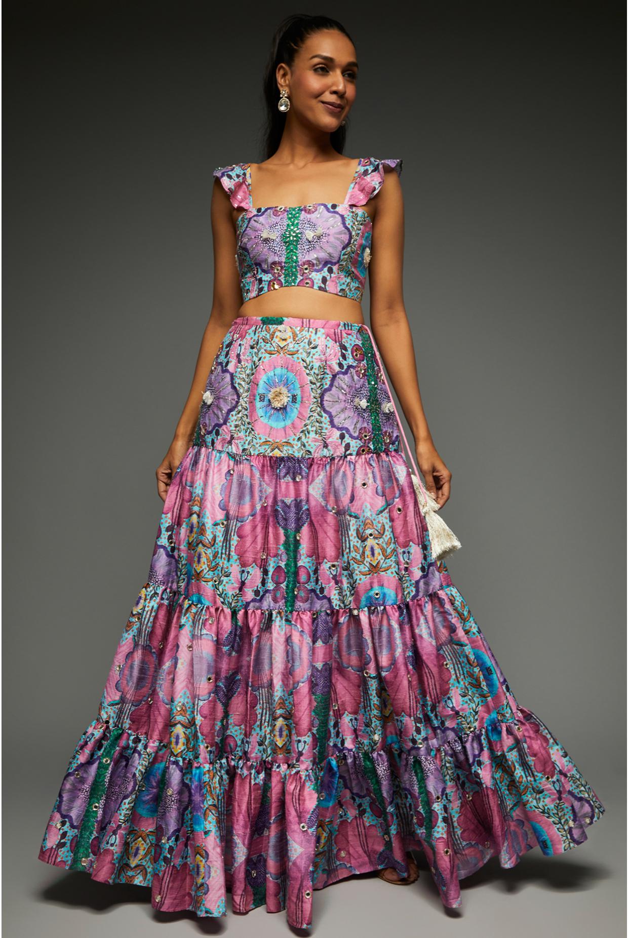 Pink Embroidered Bustier With Layered Skirt