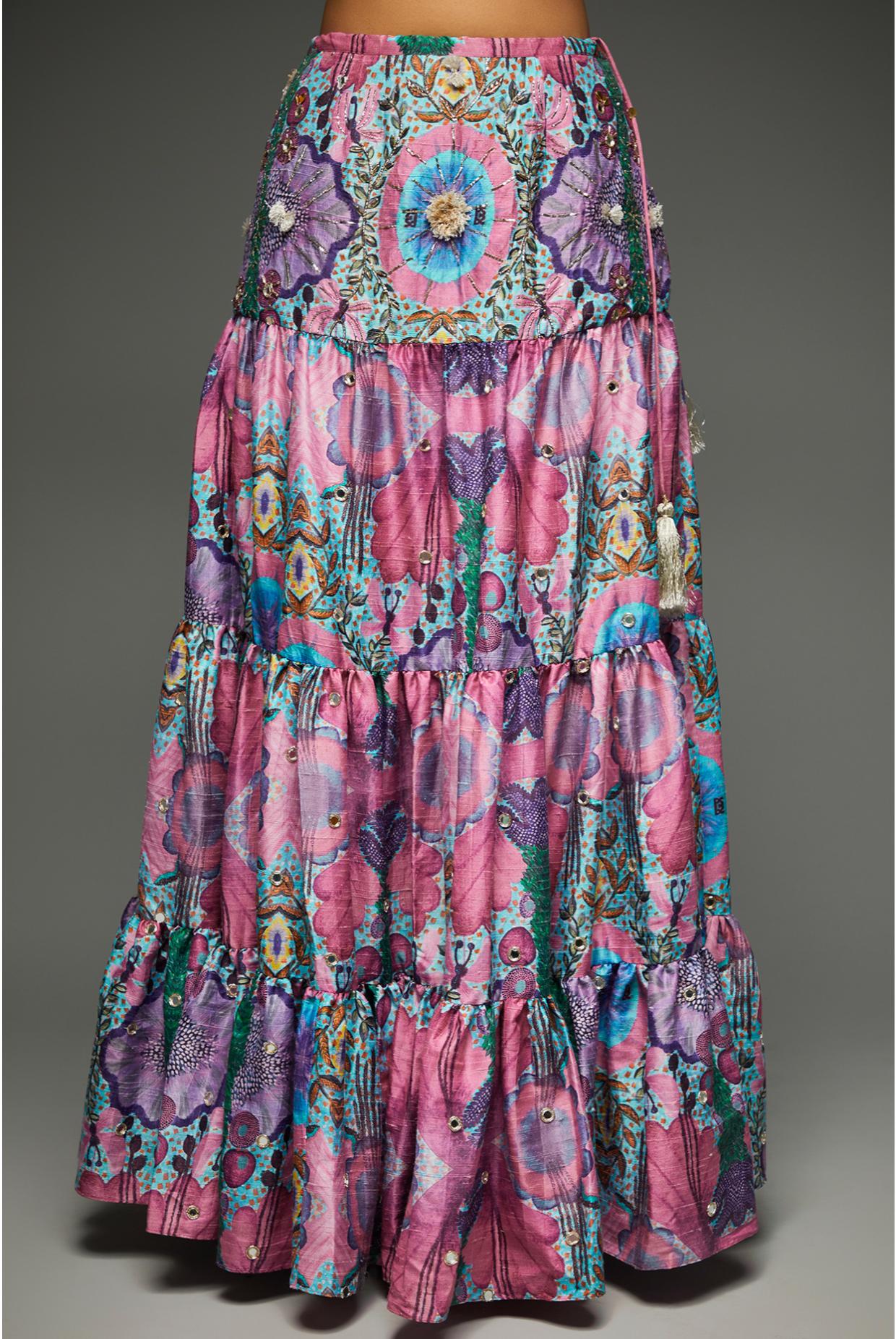 Pink Embroidered Bustier With Layered Skirt