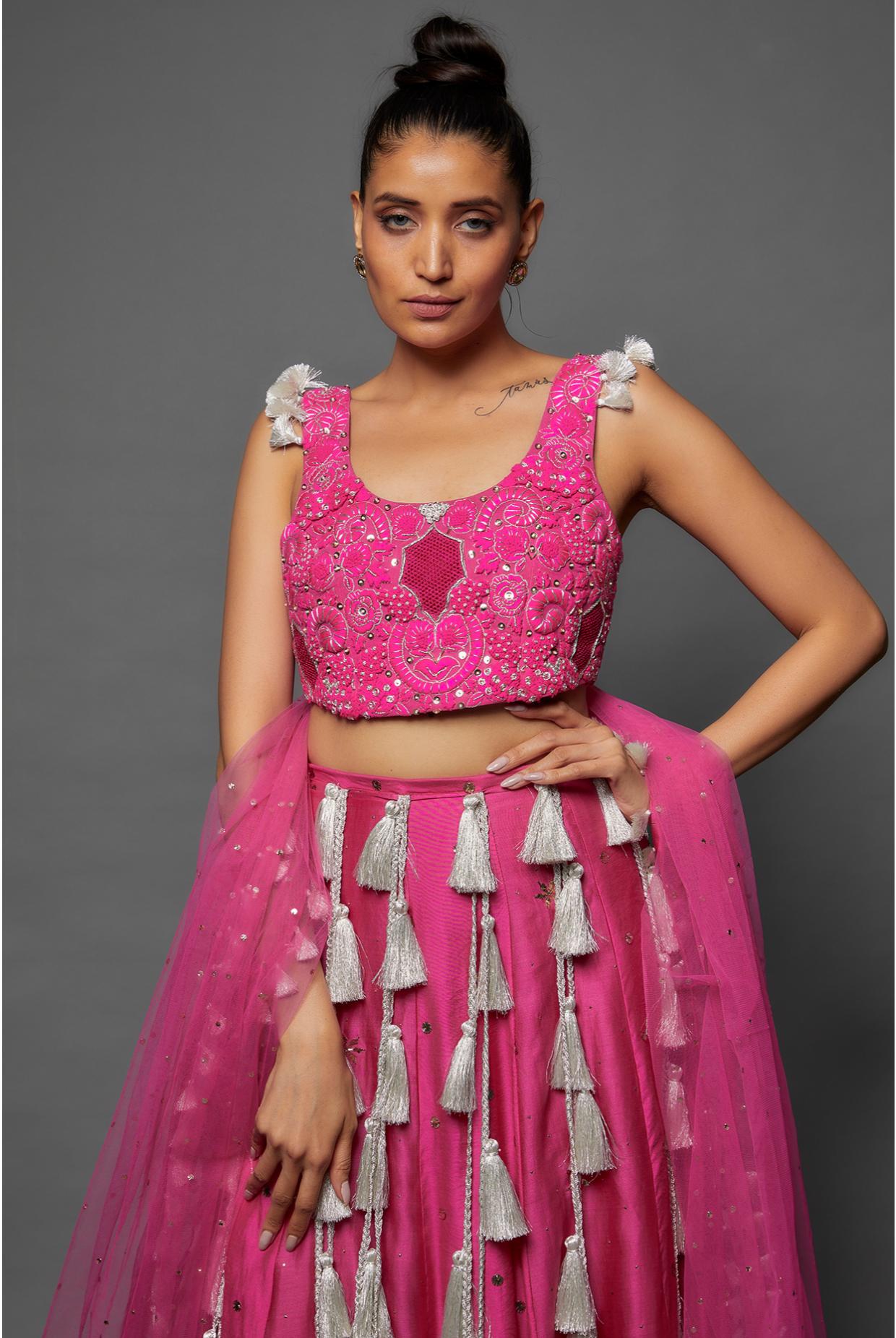 Pink Embroidered Choli With Lehenga & Dupatta