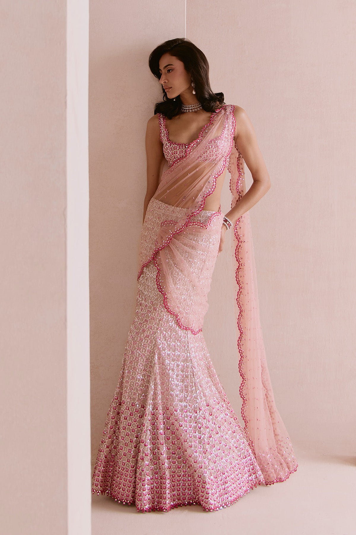 pink fishcut drape saree