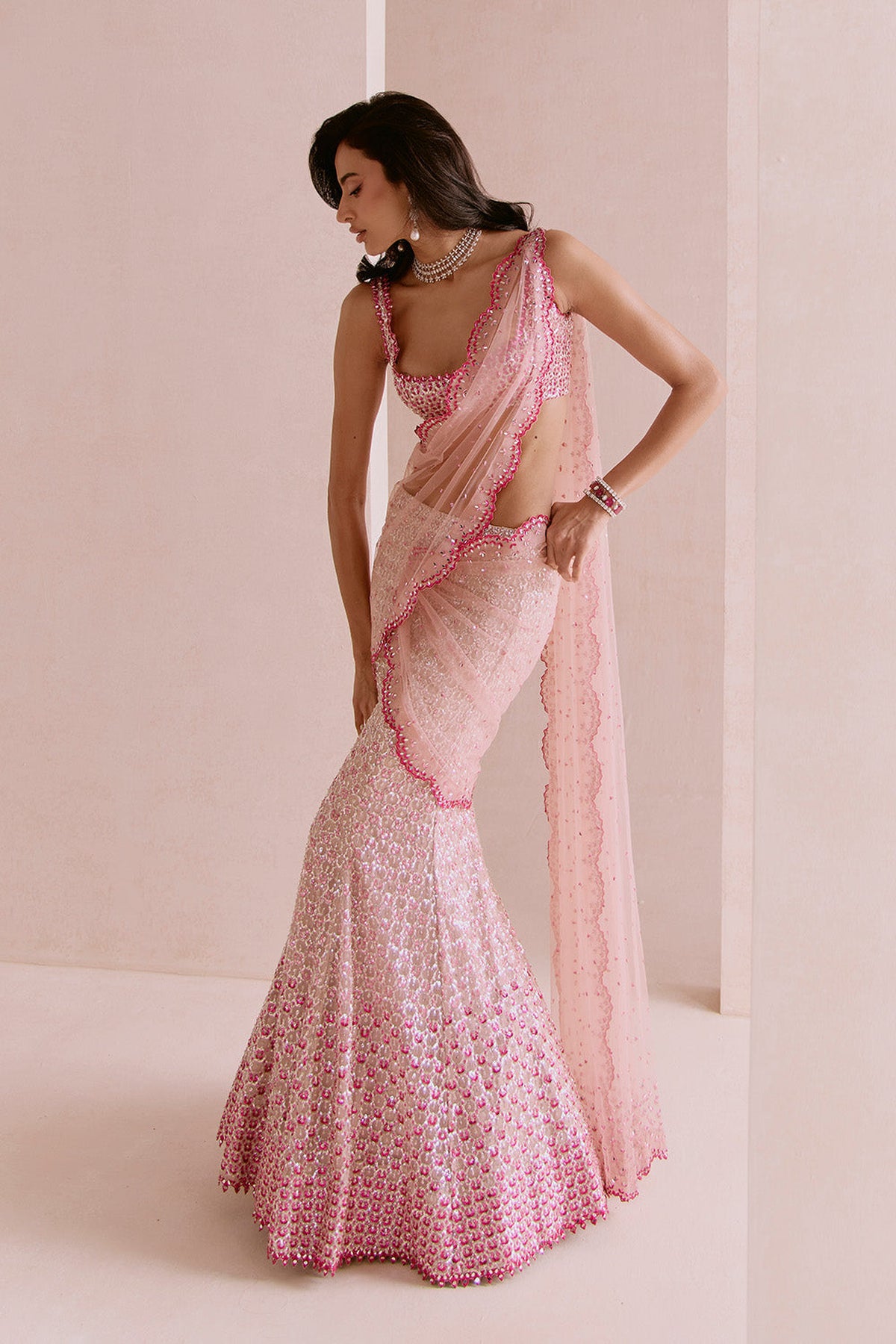 pink fishcut drape saree