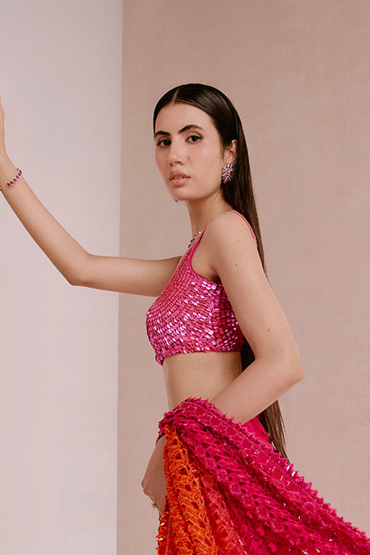 pink to orange cutwork saree set