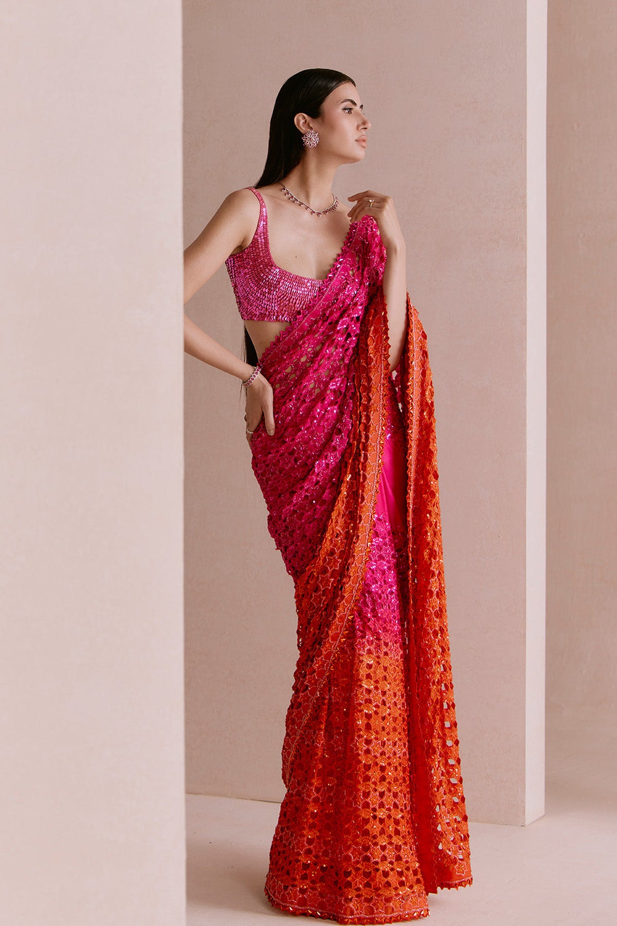 pink to orange cutwork saree set
