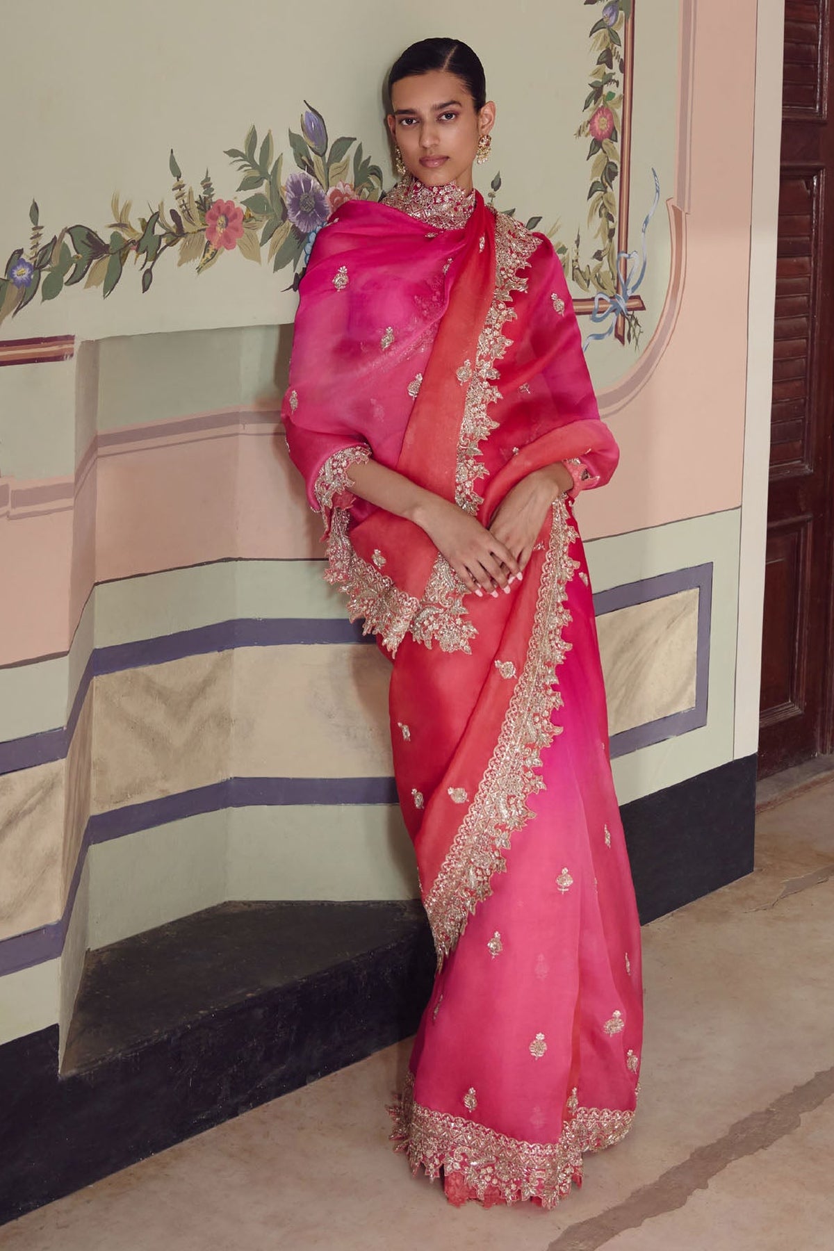 Pink To Red Ombre Sharmaine Saree Set