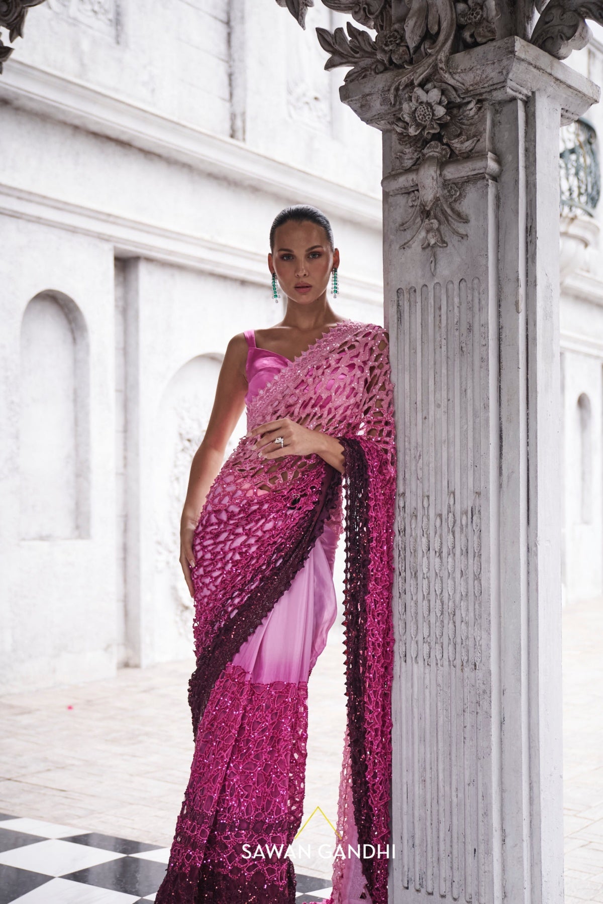 Pink to wine ombre saree