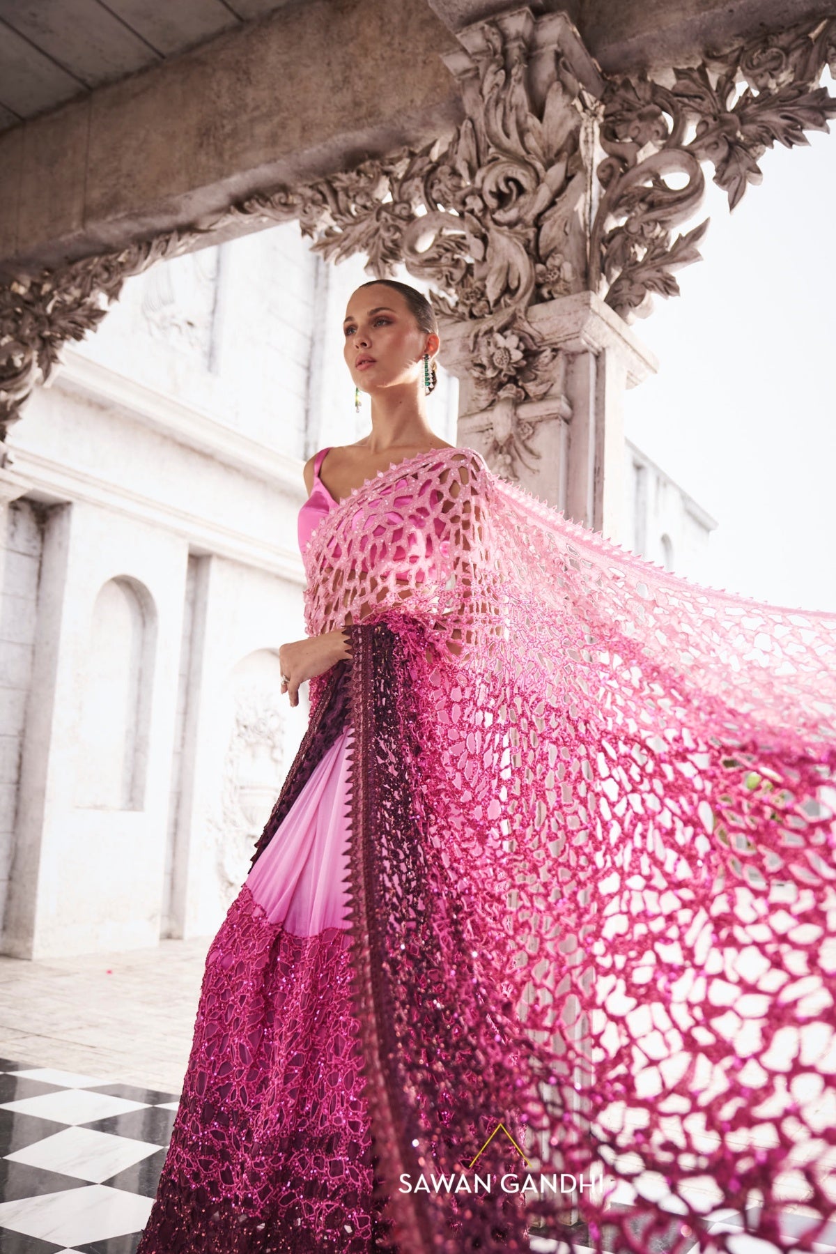 Pink to wine ombre saree