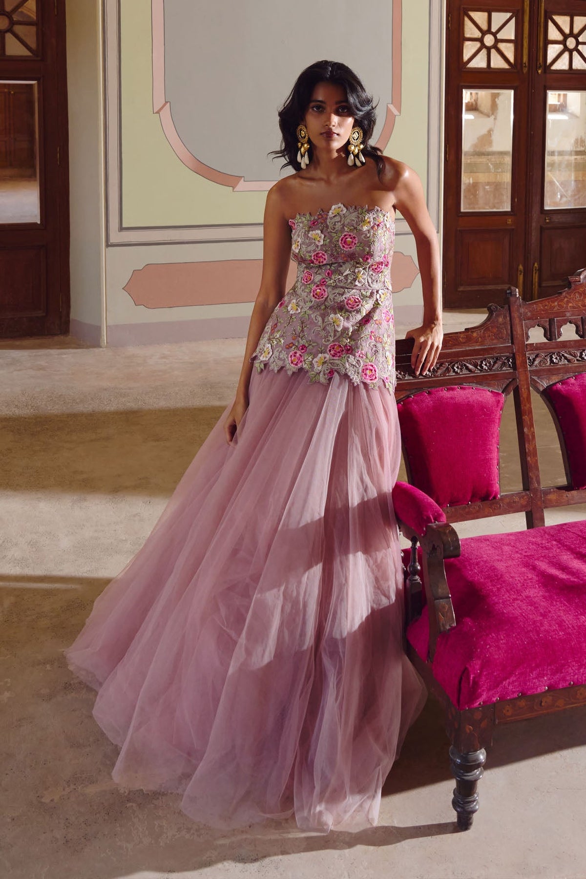 Pink Umang Tube Peplum Top With Skirt