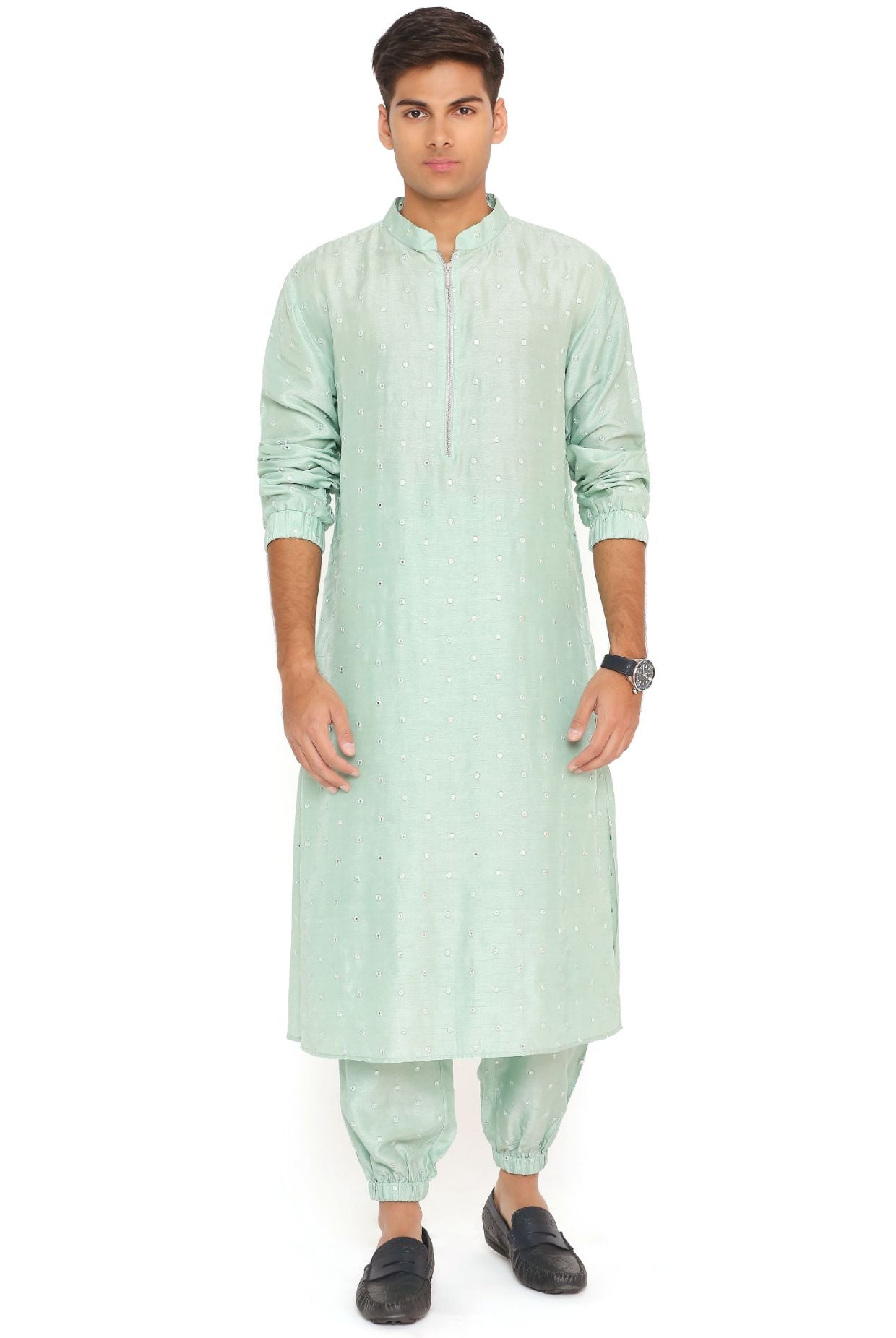 POWDER BLUE ABLA SILK BOMBER KURTA WITH JOGGER PANT