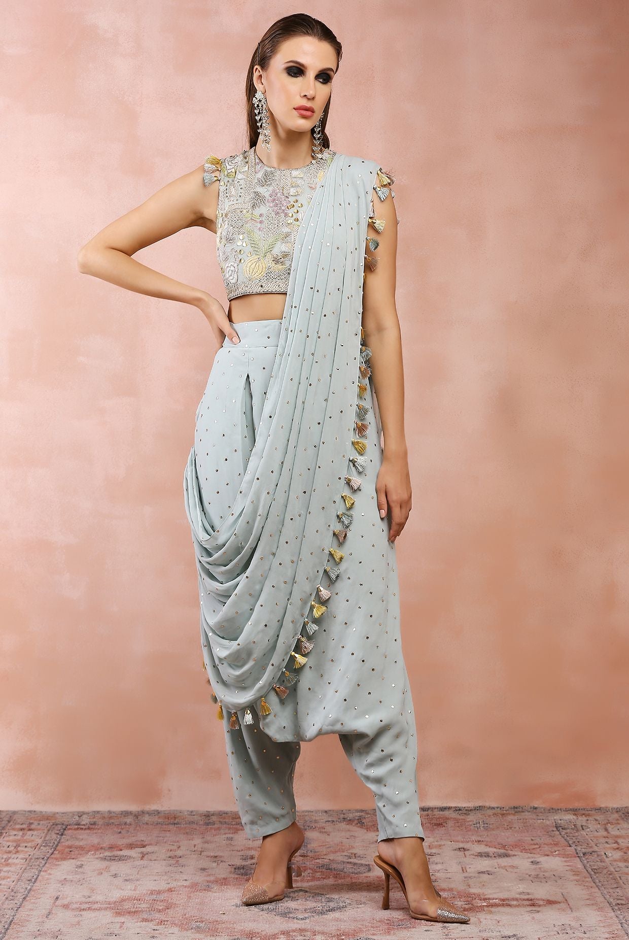 POWDER BLUE APPLIQUE EMBROIDERED CHOLI AND LOW CROTCH PANT WITH ATTACHED DRAPE