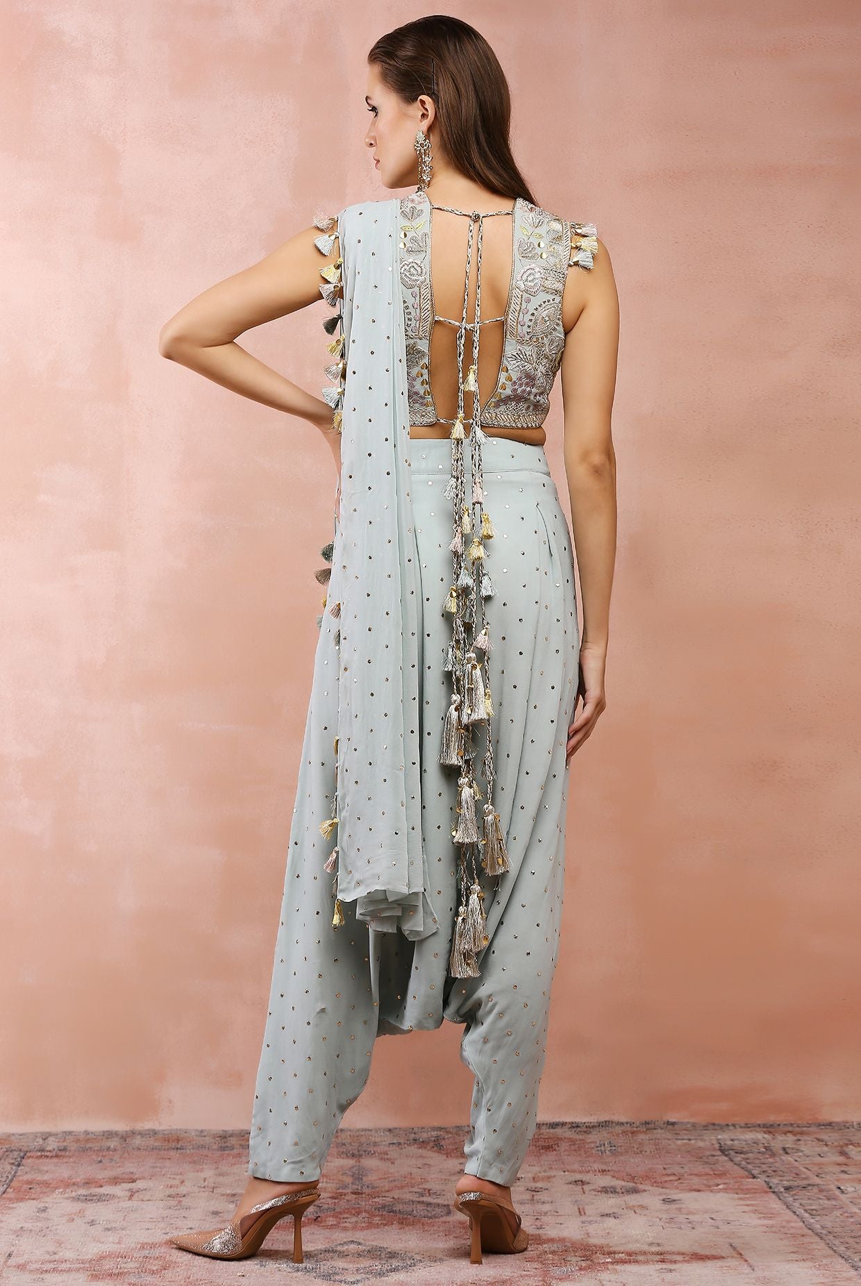 POWDER BLUE APPLIQUE EMBROIDERED CHOLI AND LOW CROTCH PANT WITH ATTACHED DRAPE