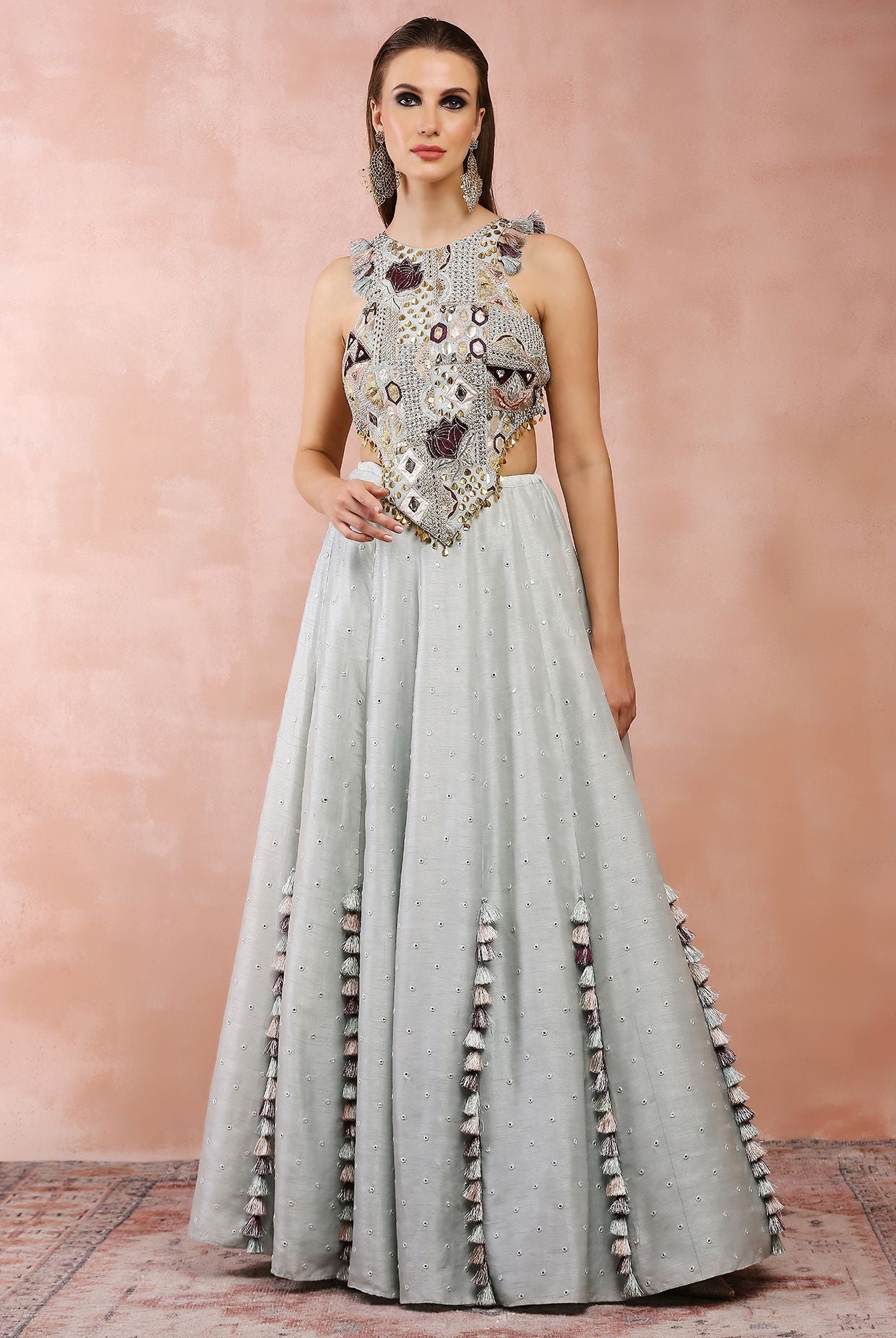 POWDER BLUE APPLIQUE EMBROIDERED CHOLI WITH LEHENGA