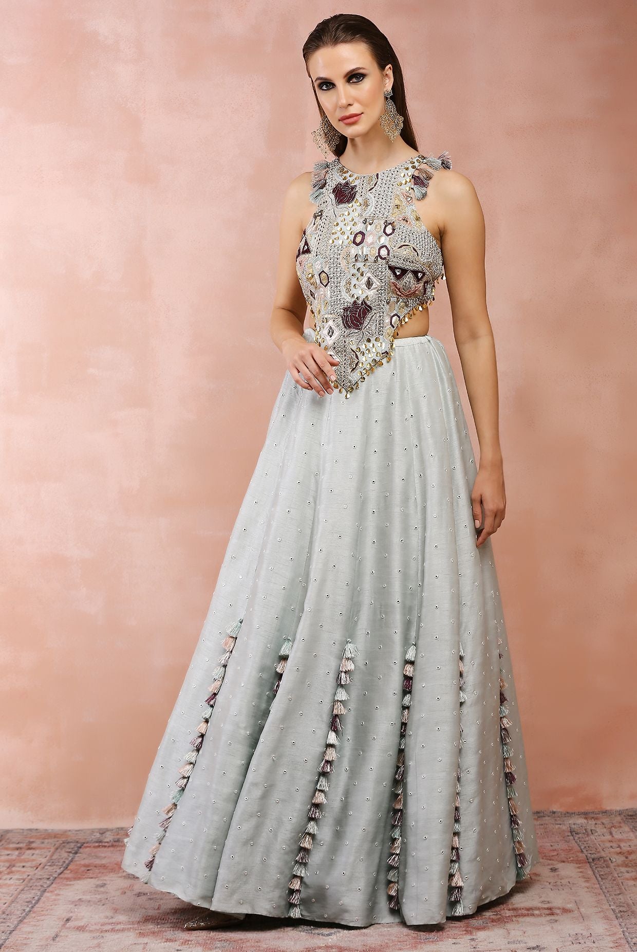 POWDER BLUE APPLIQUE EMBROIDERED CHOLI WITH LEHENGA