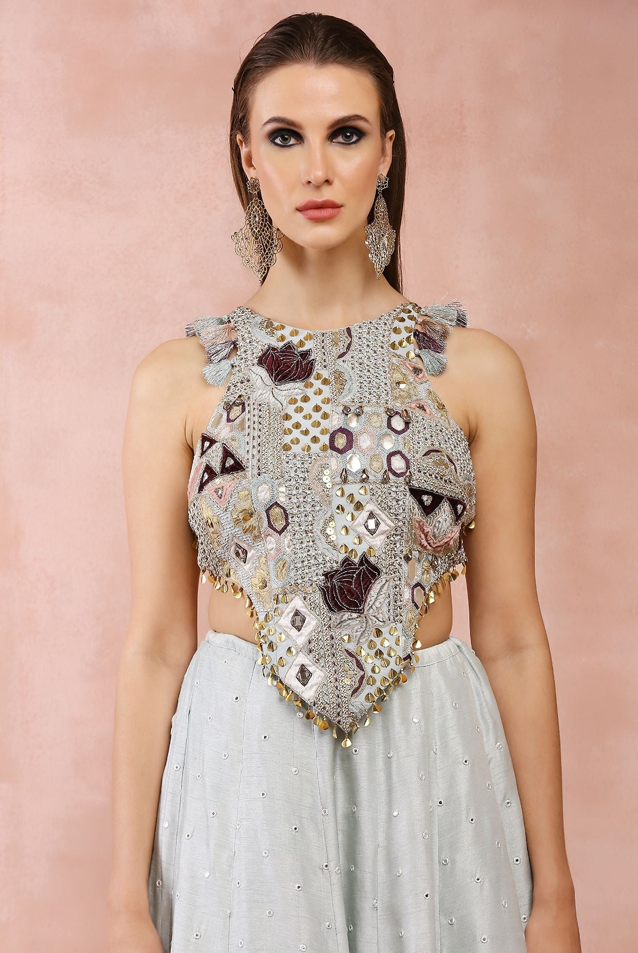 POWDER BLUE APPLIQUE EMBROIDERED CHOLI WITH LEHENGA