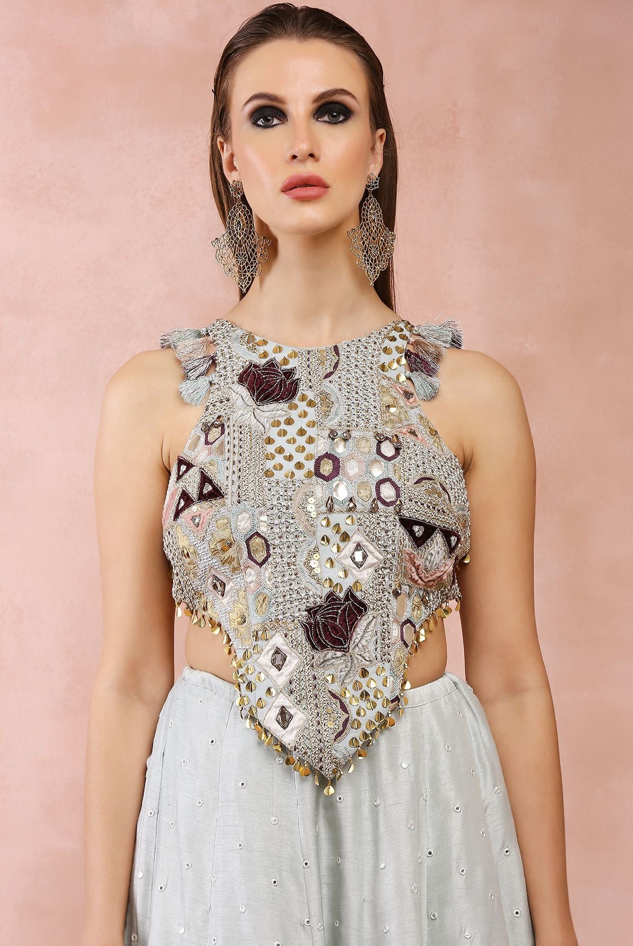 POWDER BLUE APPLIQUE EMBROIDERED CHOLI WITH LEHENGA