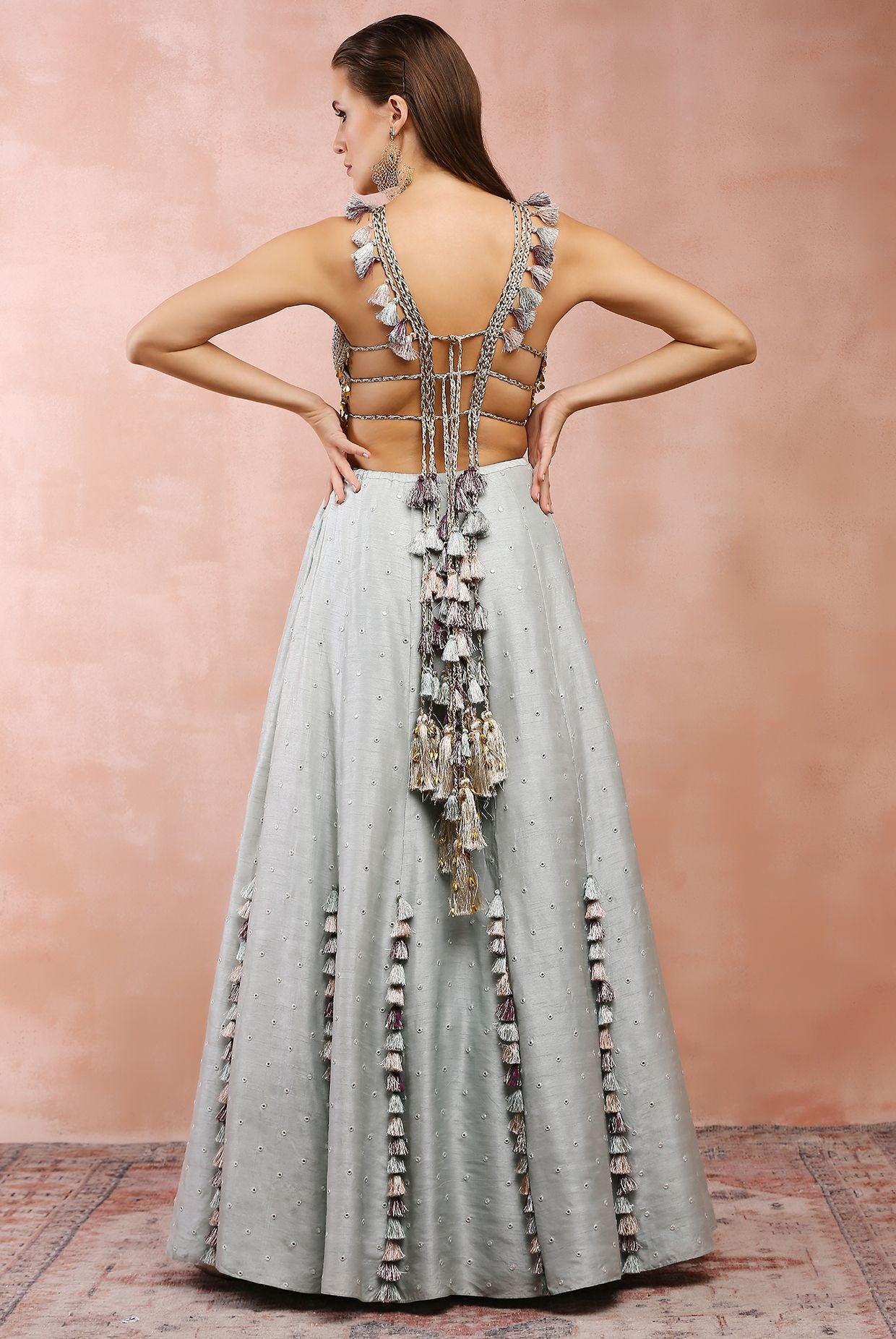 POWDER BLUE APPLIQUE EMBROIDERED CHOLI WITH LEHENGA