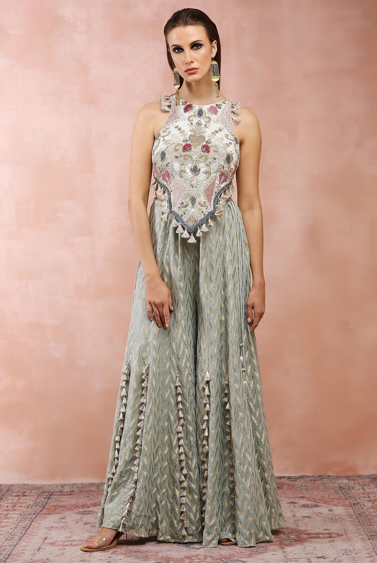 POWDER BLUE APPLIQUE EMBROIDERED CHOLI WITH SHARARA