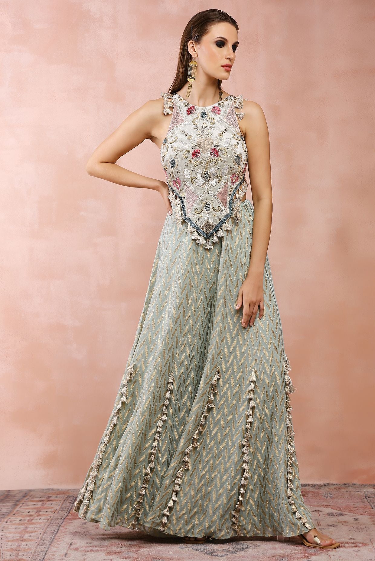 POWDER BLUE APPLIQUE EMBROIDERED CHOLI WITH SHARARA