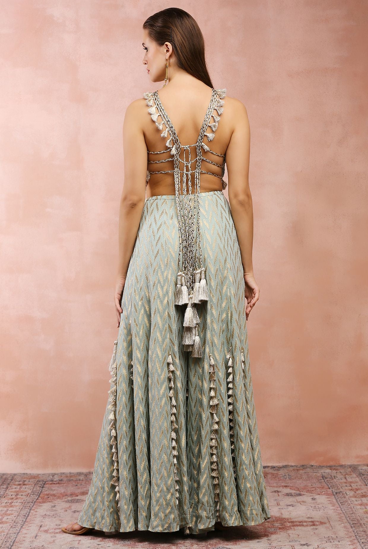 POWDER BLUE APPLIQUE EMBROIDERED CHOLI WITH SHARARA