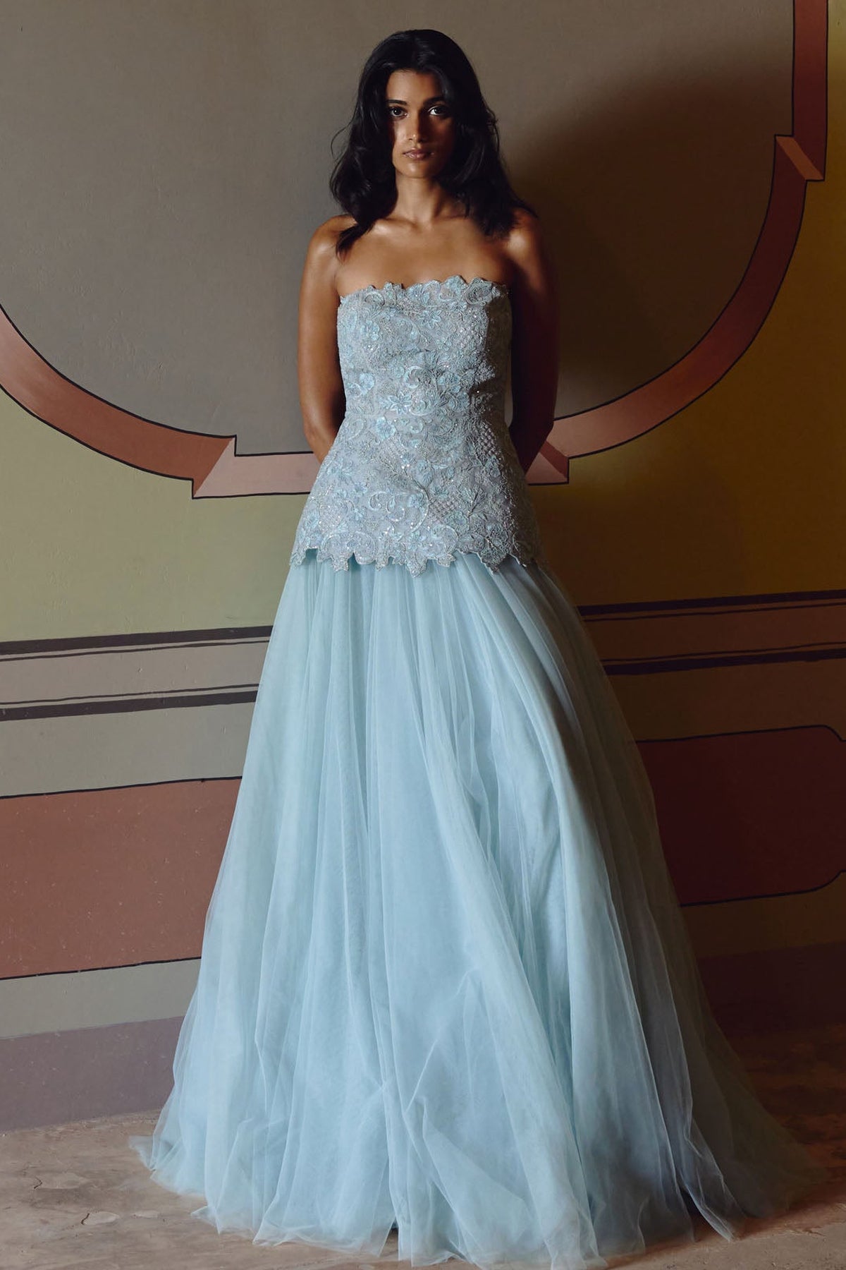 Powder Blue Dori Embroidery Cutwork Tube Peplum Skirt Set